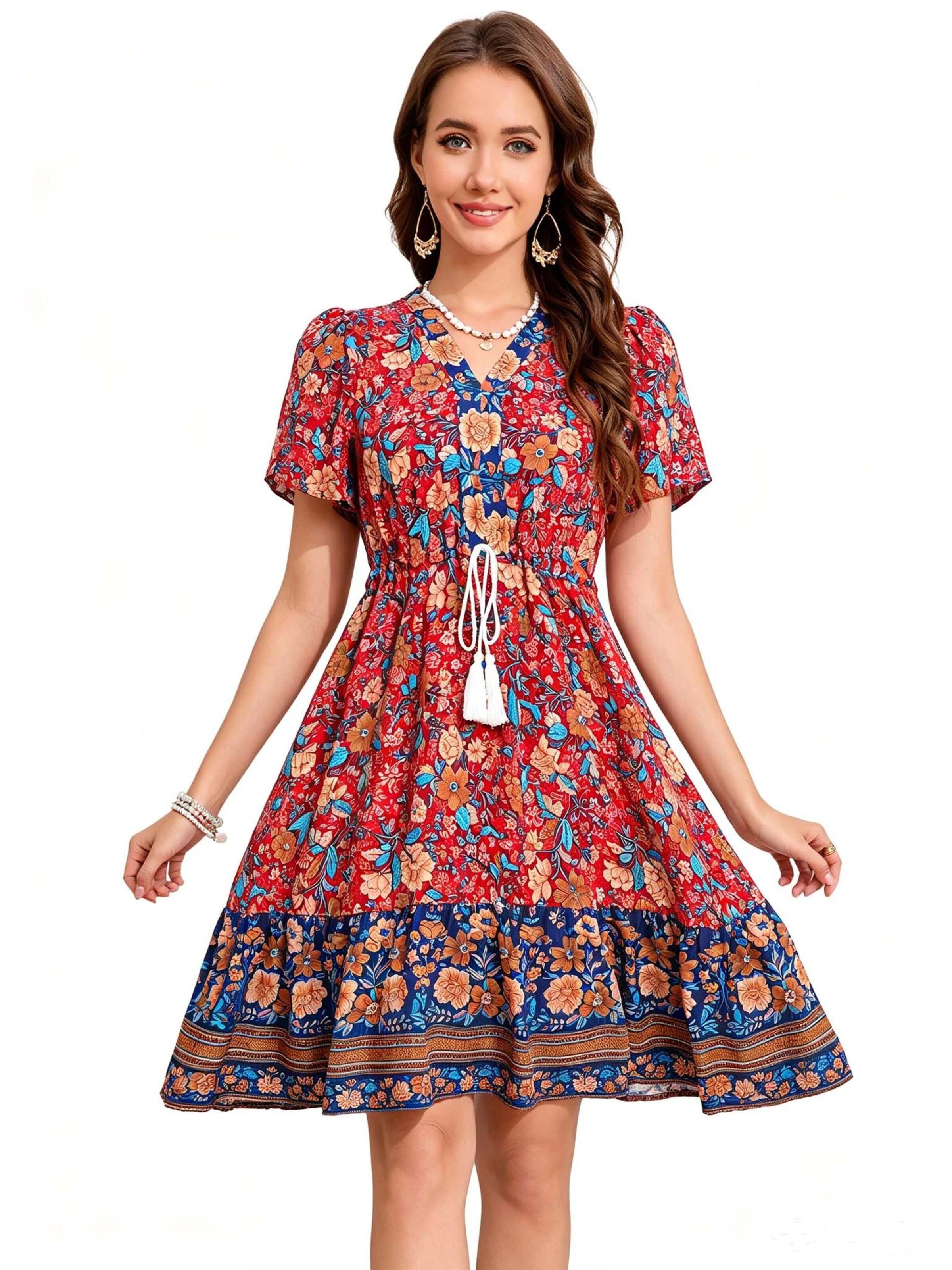 KoJooin Sukienka 'Damen Sommerkleid mit Kurzarm, platziertem Blumenprint und lässigem Boho-Look' w kolorze różowy: przód