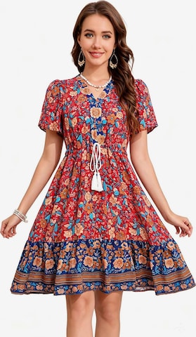 KoJooin Sukienka 'Damen Sommerkleid mit Kurzarm, platziertem Blumenprint und lässigem Boho-Look' w kolorze różowy: przód