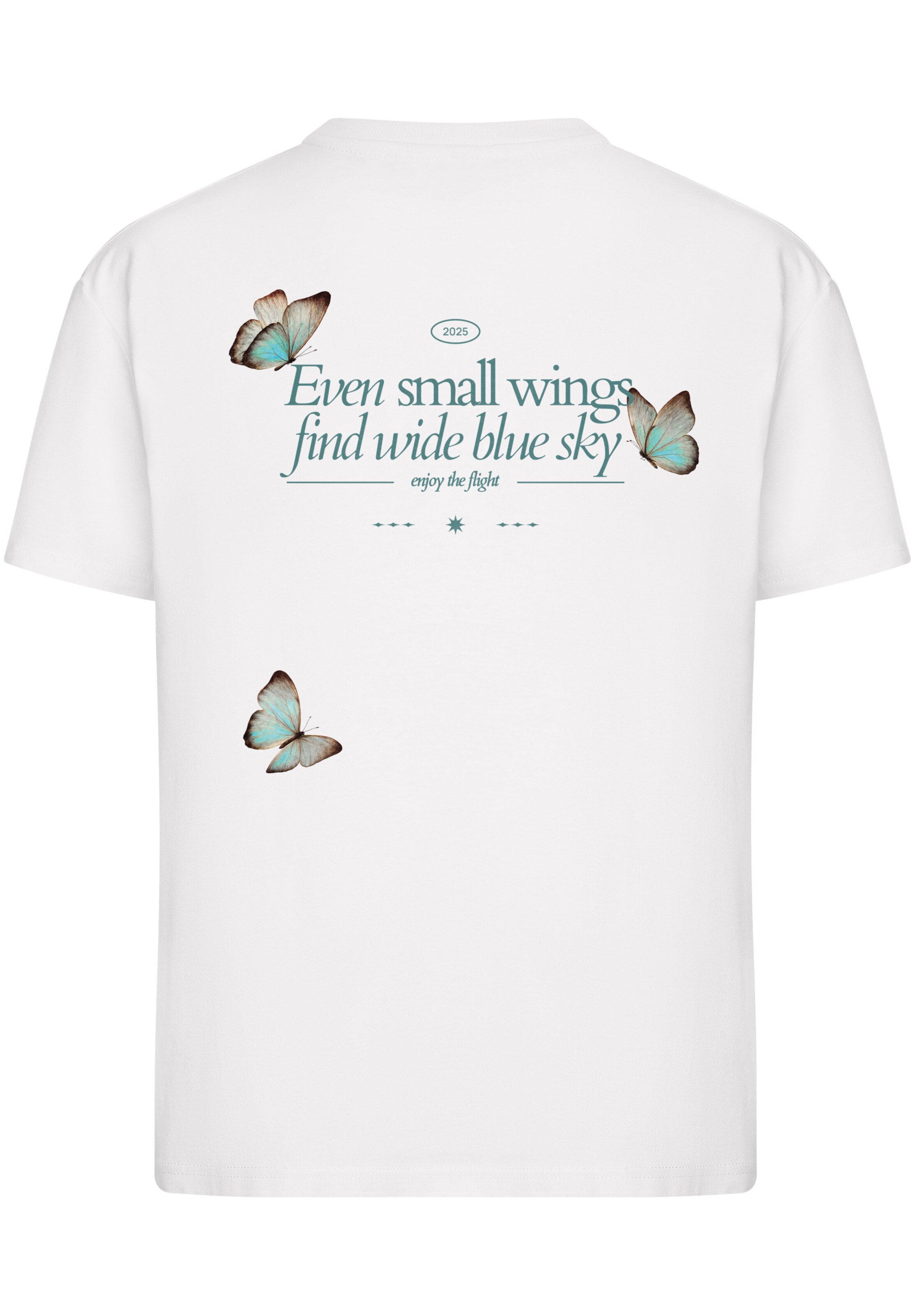 Maglietta 'Even Small Wing Find Wide Blue Sky' di Miss Tee in bianco: frontale