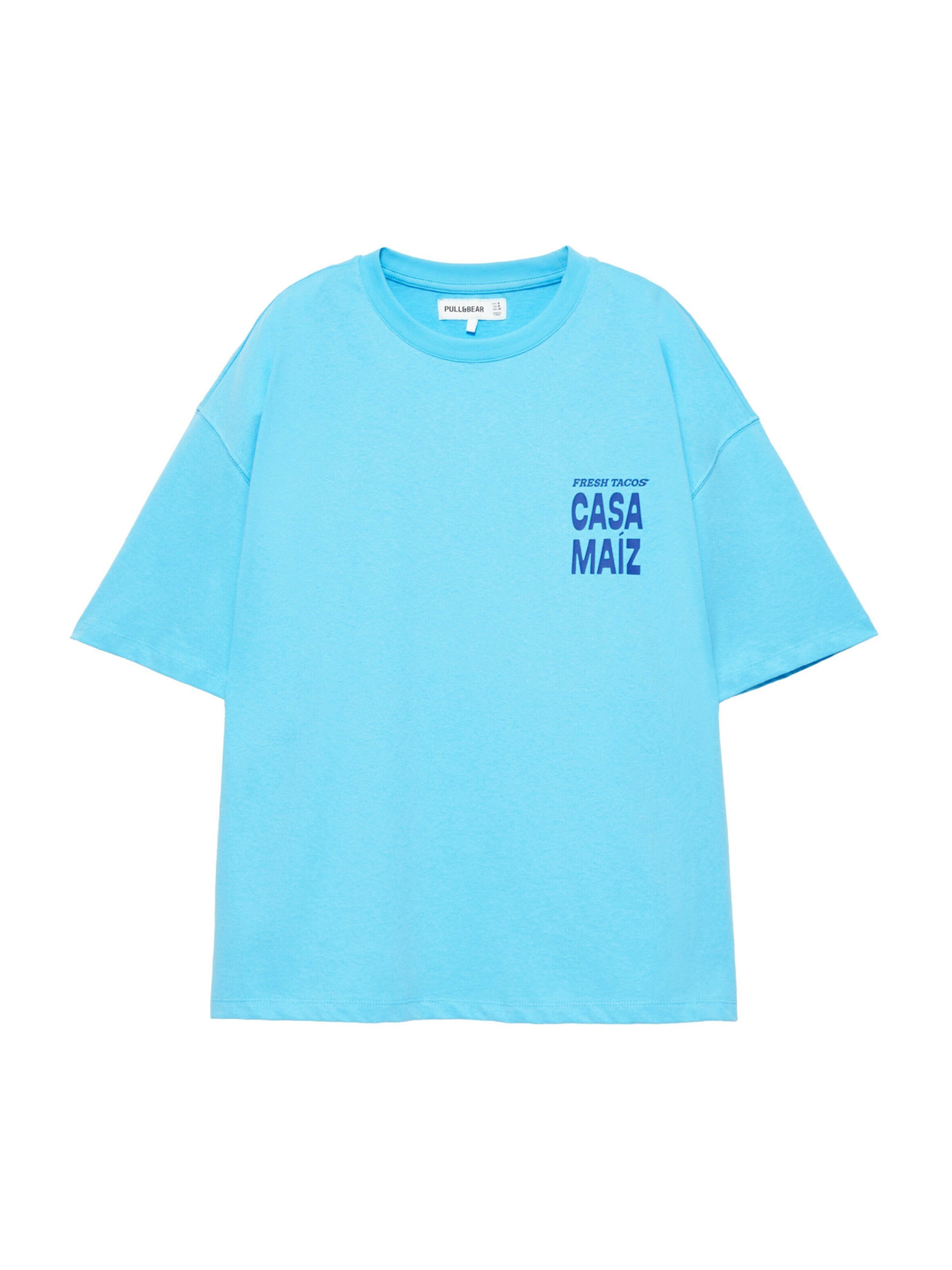 Pull&Bear T-shirt 'TACOS' en XS en azur / gentiane, Vue avec produit