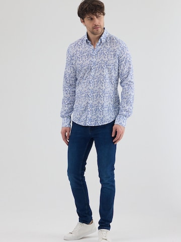 7Camicie Slim fit Zakelijk overhemd 'Leonardo Sport Linen Man Shirt White Blue' in Wit