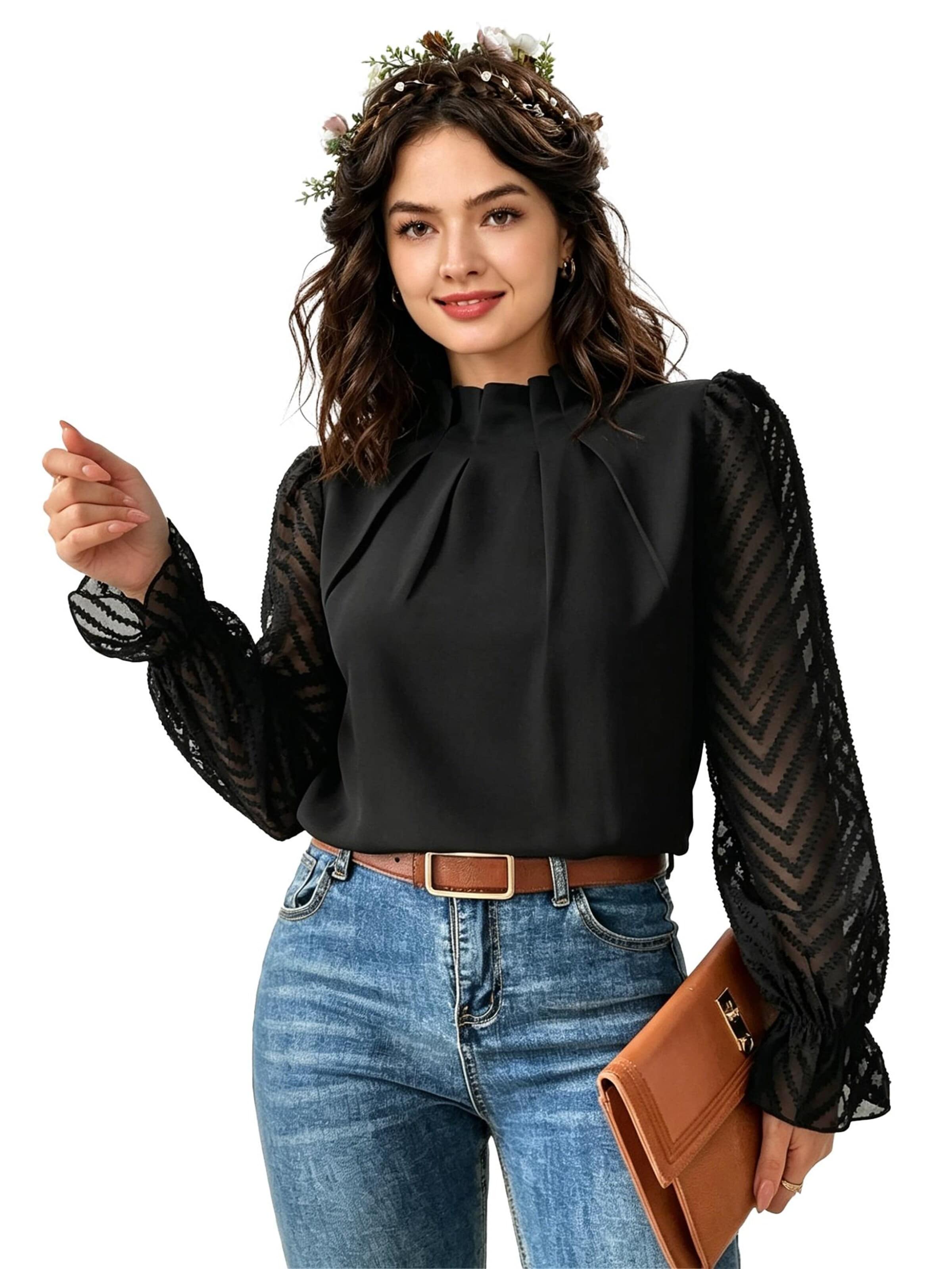 KoJooin Bluse 'Damen Langarmblusen aus Chiffon mit Rüschenbündchen und niedlichem Rüschenkragen'‌‌‌ in Schwarz