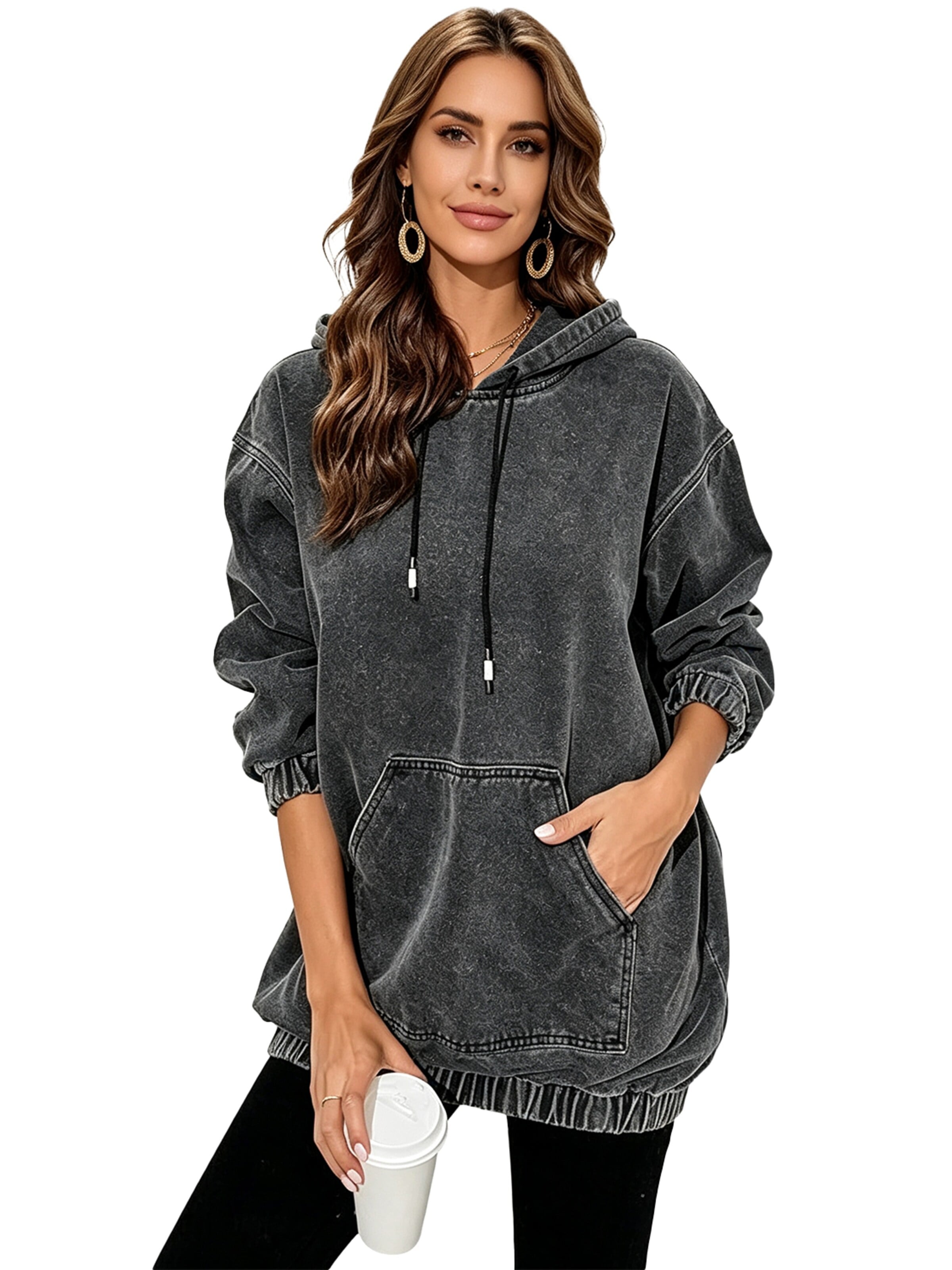 KoJooin Bluzka sportowa 'Damen Denim Hoodie Langärmeliger Pullover mit Kapuze und Taschen Jeansjacke in Sweatshirt-Optik' w kolorze czarny: przód