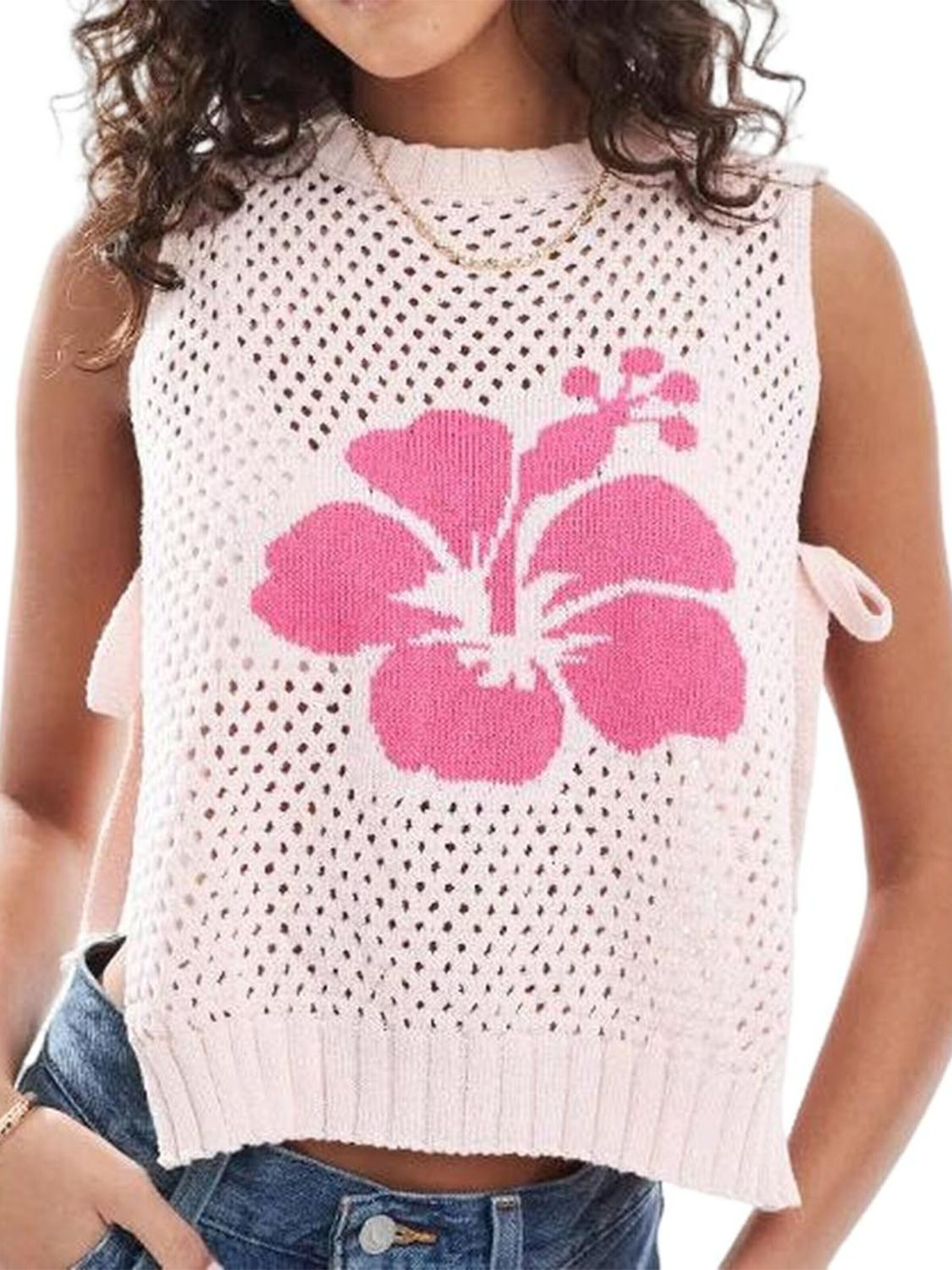 KoJooin Kamizelka z dzianiny 'Damen Stricktop Mit Blumenjacquard Seitlichen Bindebändern Und Ärmellosem Loose Fit' w kolorze różowy