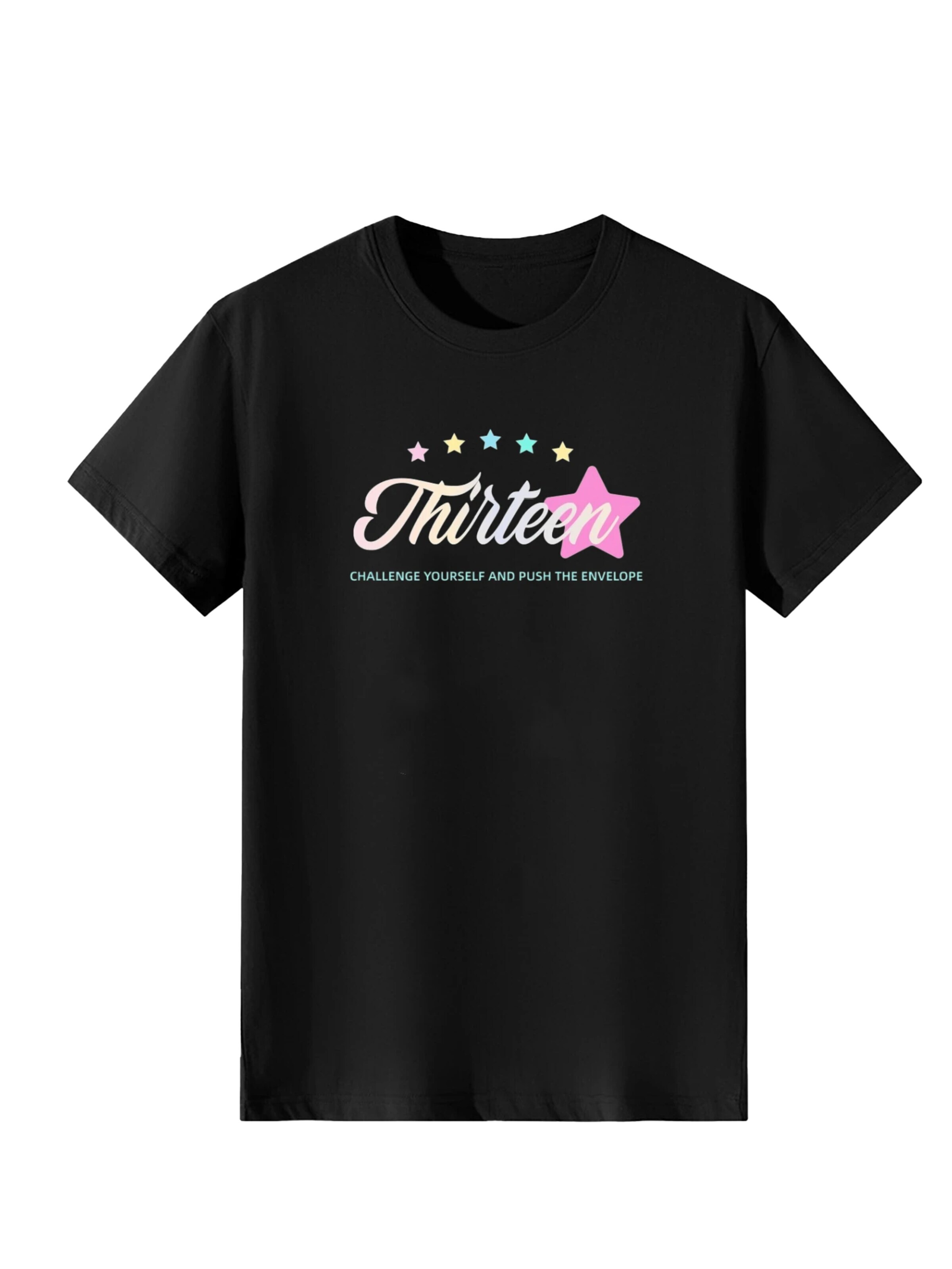T-shirt 'Women Gradient Cursive Thirteen Star Print T-Shirt' LapaPlus en noir : devant