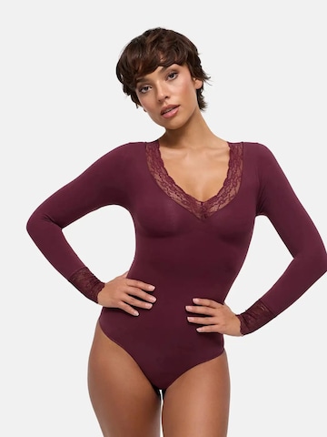 cfab - Body moldeador 'Clean Longsleeve V-Neck with Lace Sculpting Bodysuit with String' en rojo