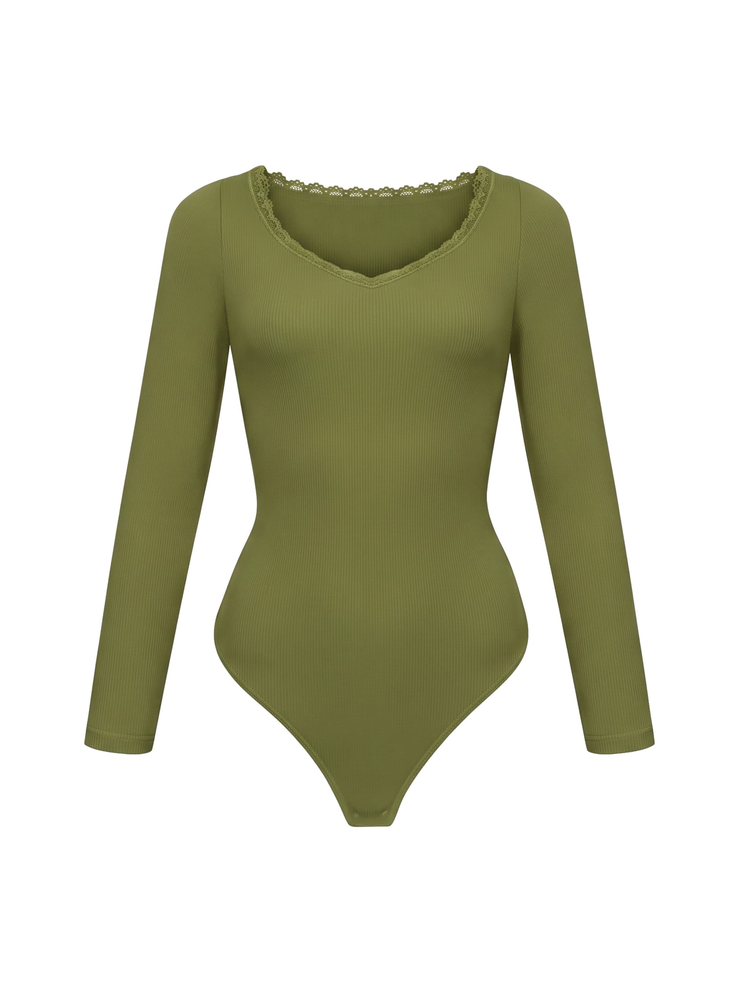 cfab Body 'Ribbed Longsleeve V-Neck Sculpting Lace Bodysuit with String' in Groen: voorkant