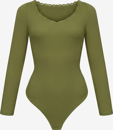 cfab Body 'Ribbed Longsleeve V-Neck Sculpting Lace Bodysuit with String' in Groen: voorkant
