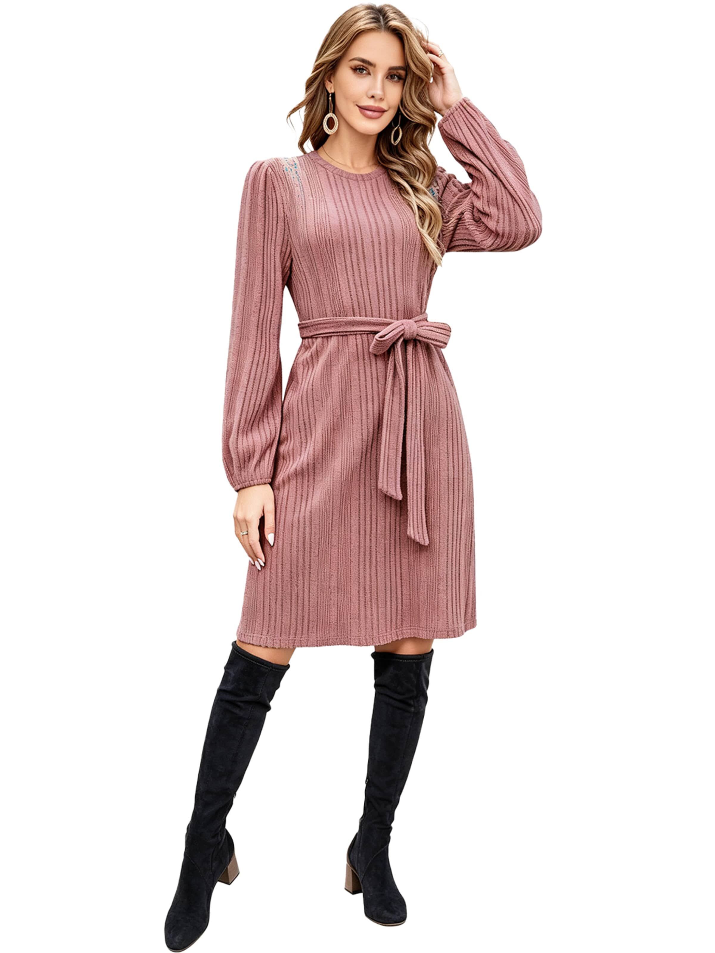 KoJooin Kleid 'Damen Strickkleid für Herbst und Winter Lässiges,Rippstrick,Fließendes Kleid mit Gürtel für Arbeit'‌ in 36 in pink, Produktansicht