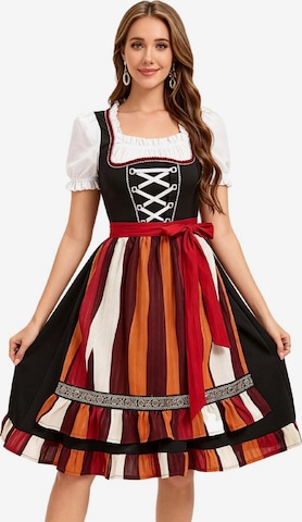 KoJooin Dirndl '3-teiliges Damen-Set für Oktoberfest gestreiftes Kleid,kurzärmelige Bluse mit Quadratausschnitt' in Rot: Vorderseite