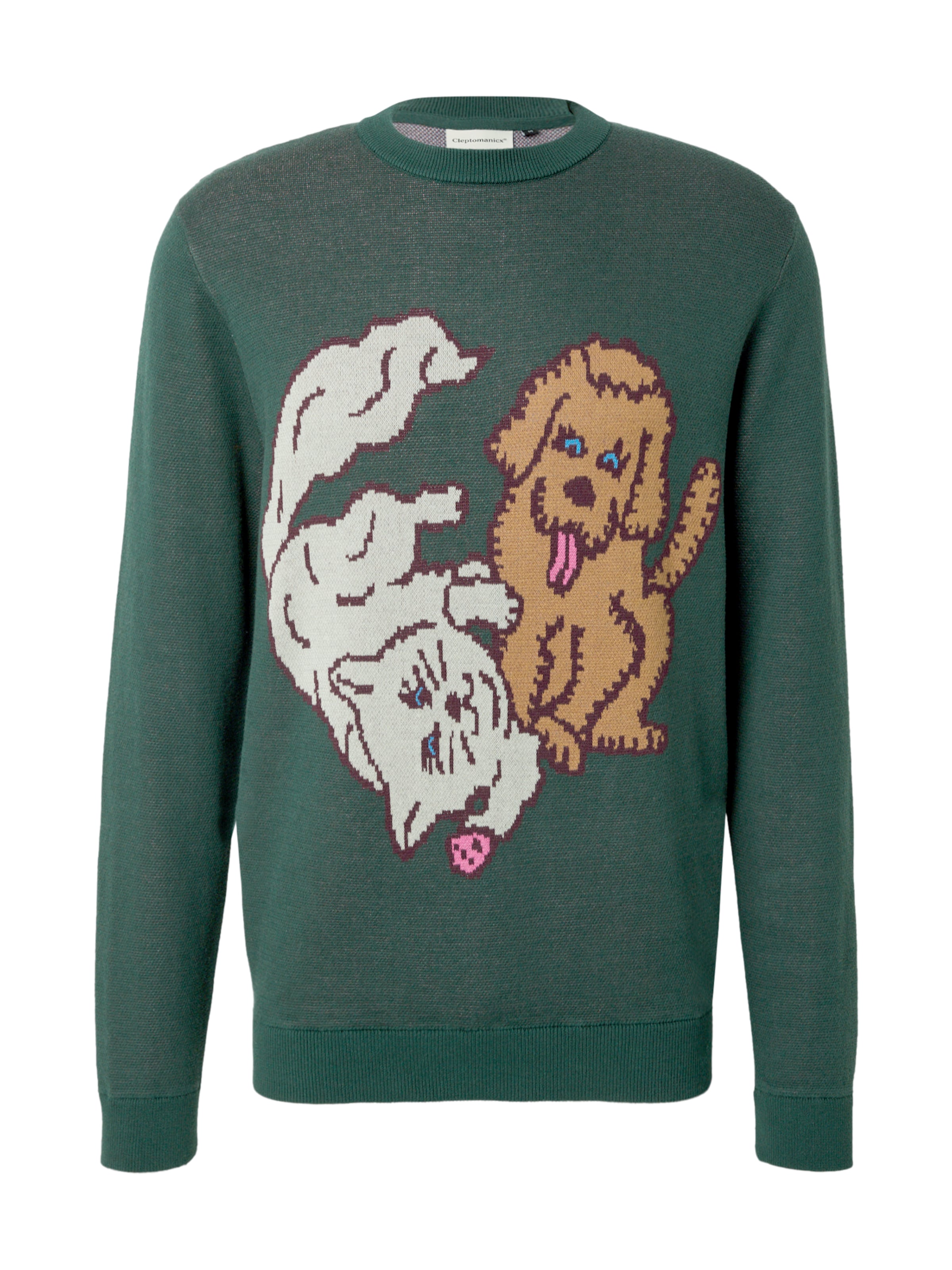 Cleptomanicx Pulover 'Cat & Dog' | zelena barva: sprednja stran