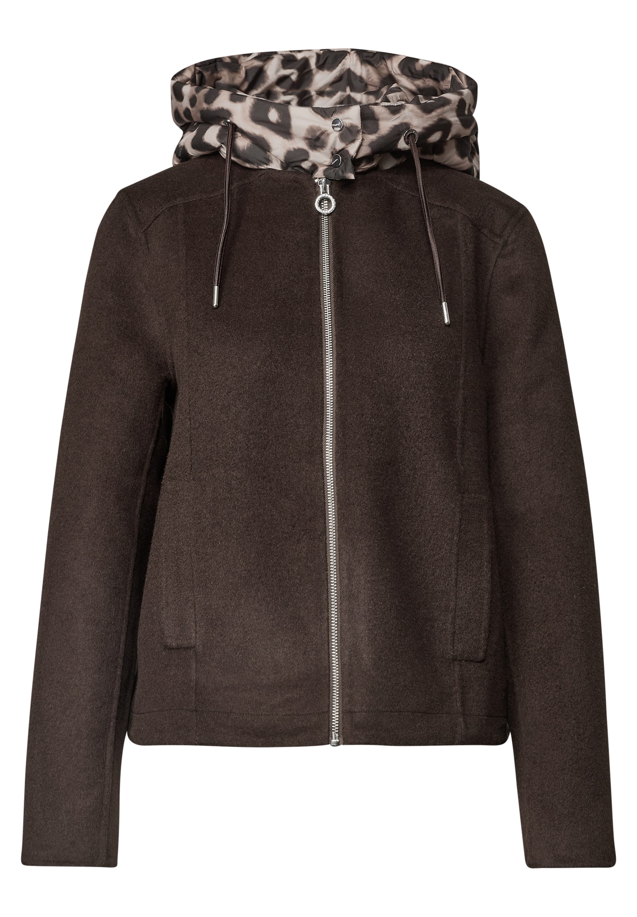 STREET ONE Jacke mit Wollanteil und abnehmbarer Kapuze in Braun: Vorderseite