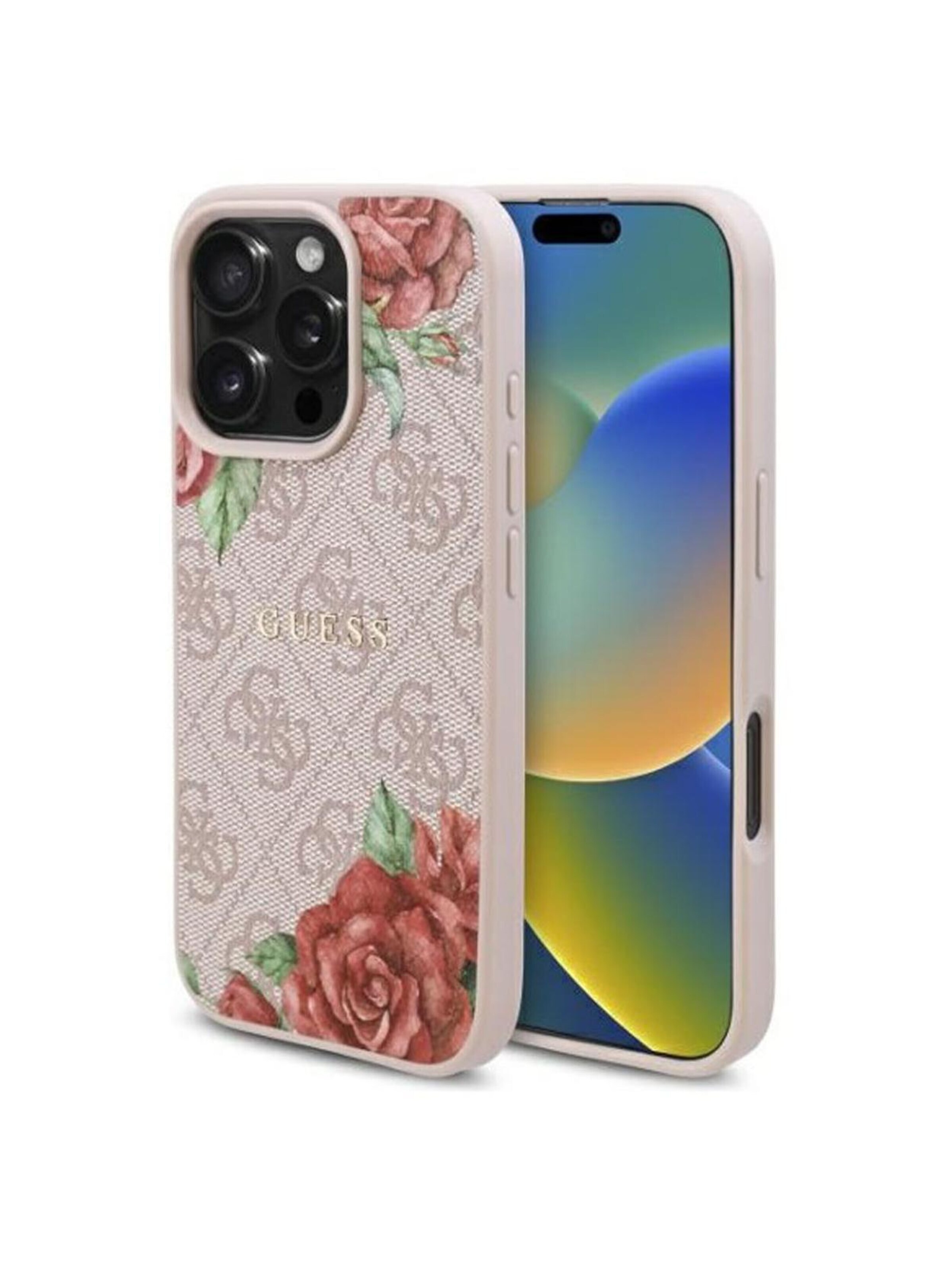 GUESS Smartphonehülle 'Guess 4G Flowers Print Metal Classic Logo MagSafe for iPhone 15'‌‌‌‌ in Pink: Vorderseite