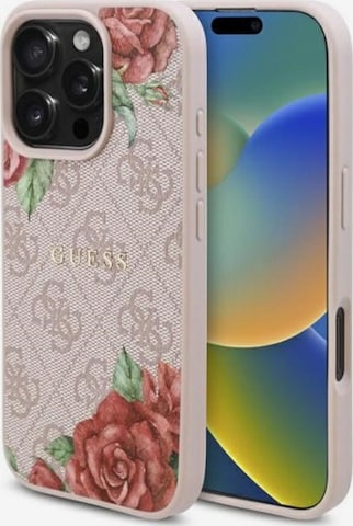 GUESS Smartphonehoesje 'Guess 4G Flowers Print Metal Classic Logo MagSafe for iPhone 15' in Roze: voorkant