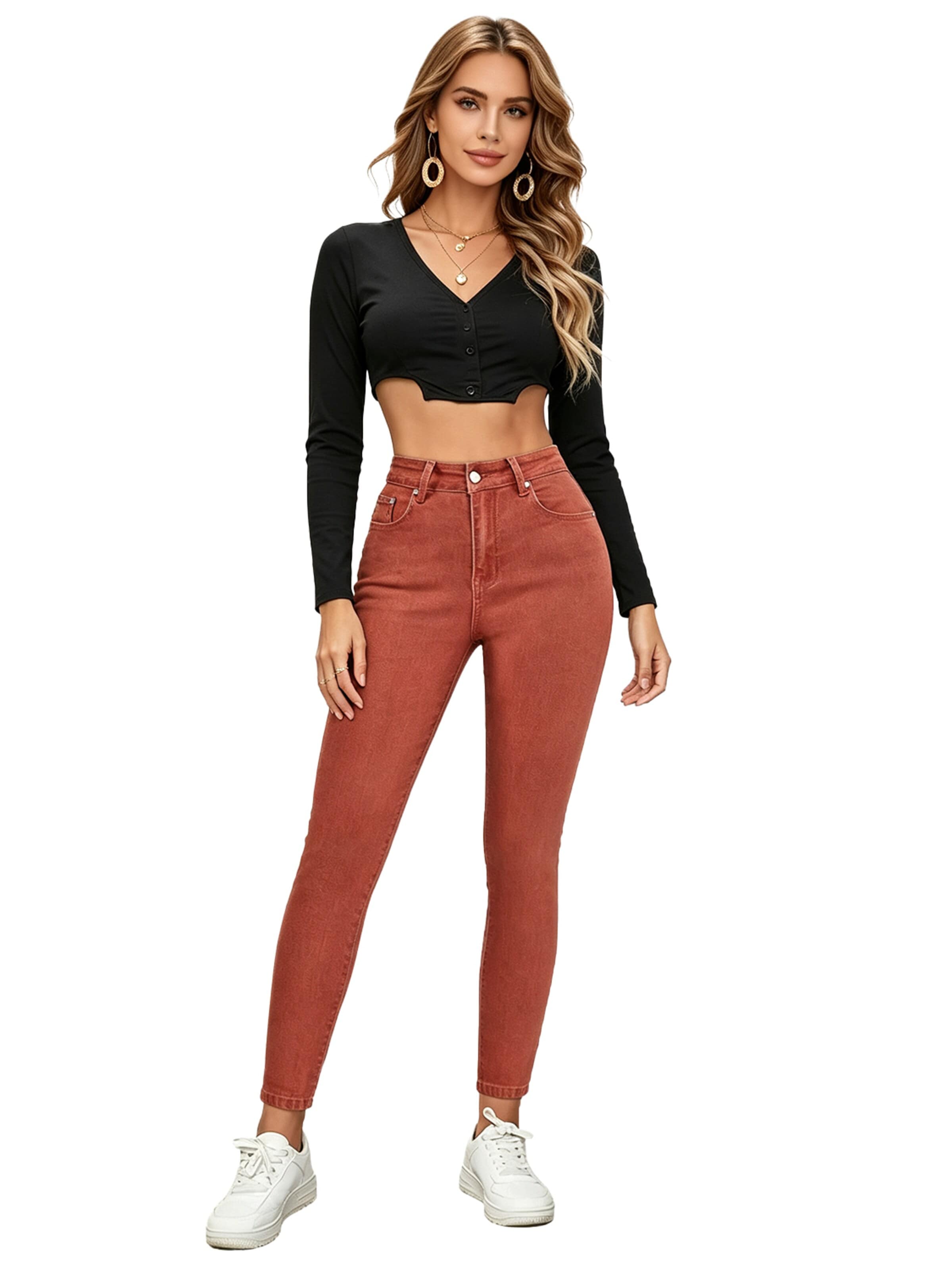 KoJooin Jeansy 'Damen Slim Fit Jeans mit Waschung – Eng anliegende, taillierte Skinny Jeans für eine figurbetonte' w kolorze czerwony: przód