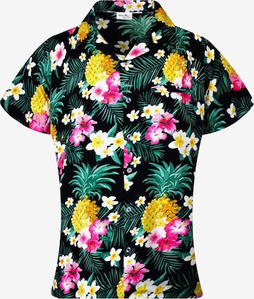 King Kameha Bluse 'Pineapple Flowers' in Schwarz: Vorderseite