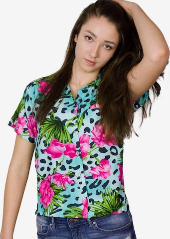 King Kameha Blouse 'Leopard Flowers' in Blue: front