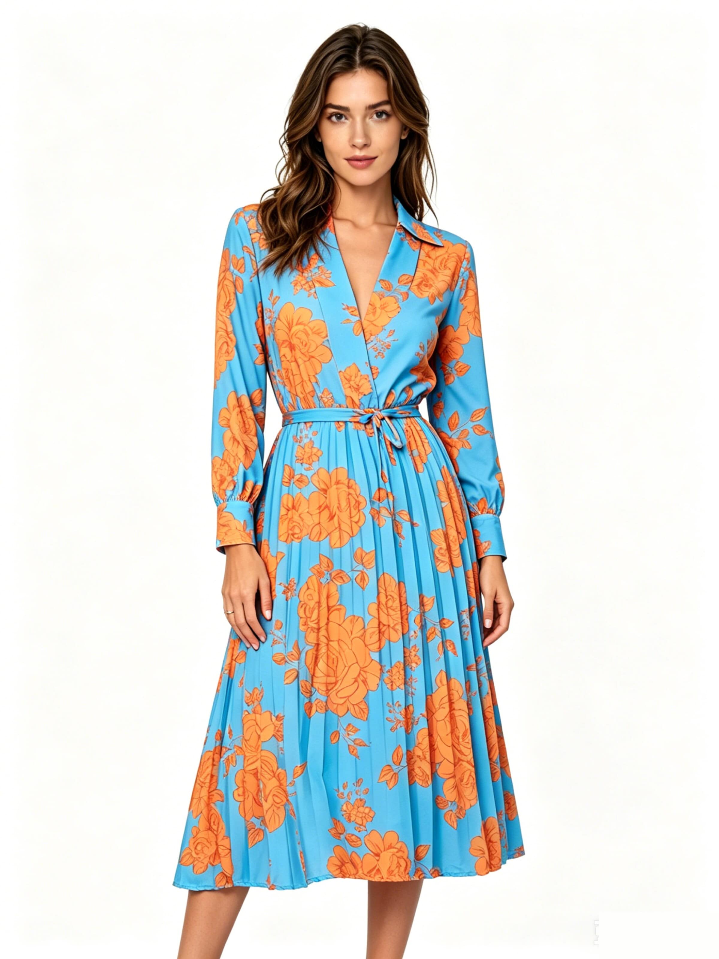 KoJooin Dress 'Damen Hemdkragen Wickel Midikleid Floraler Print Taillenbindegürtel Plisseerock Langarm' in Blue: front