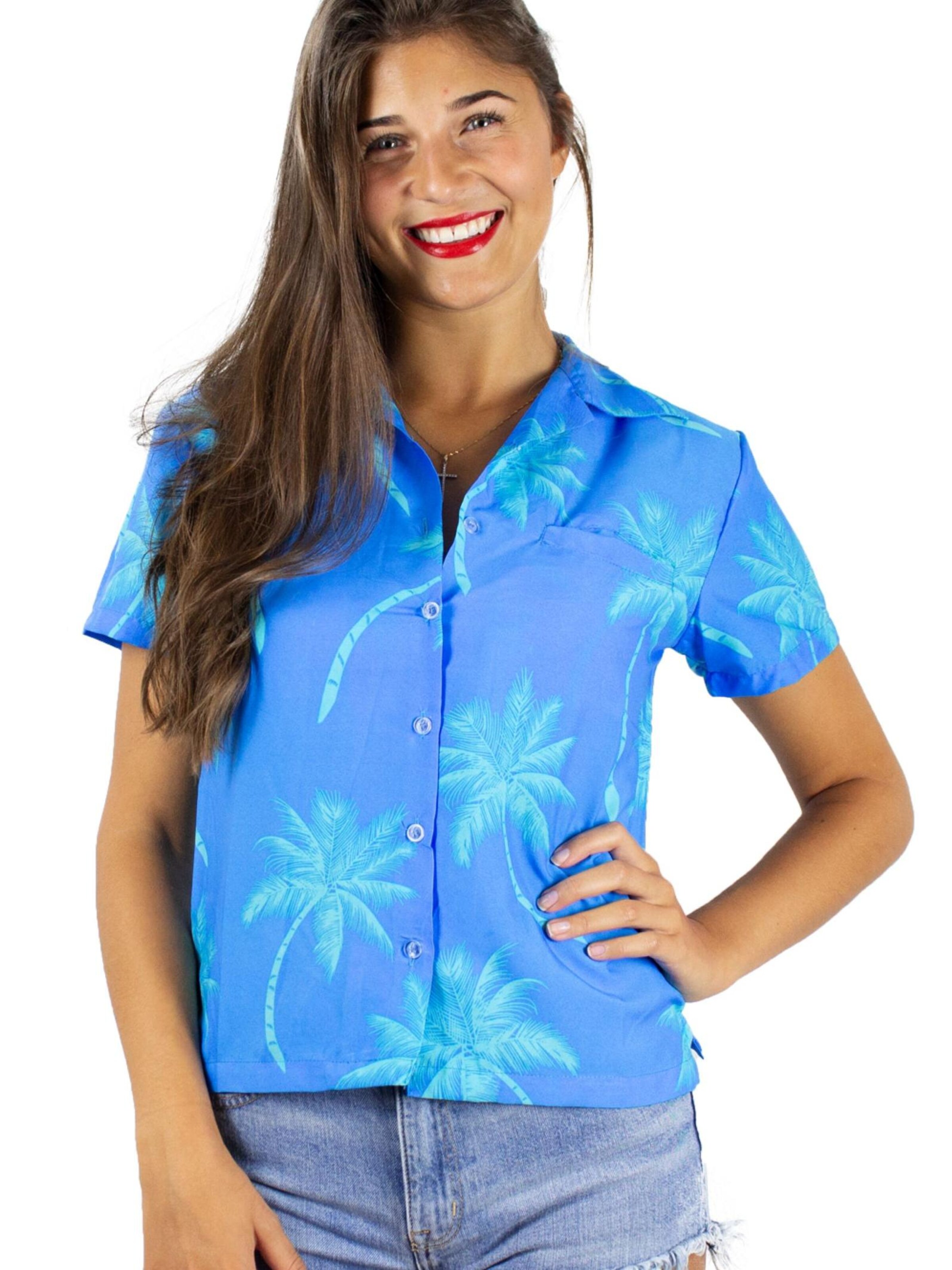 King Kameha Blouse 'Palmshadow' in Blue: front