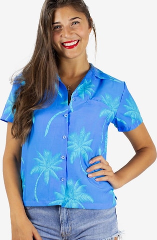 King Kameha Bluse 'Palmshadow' in Blau: Vorderseite