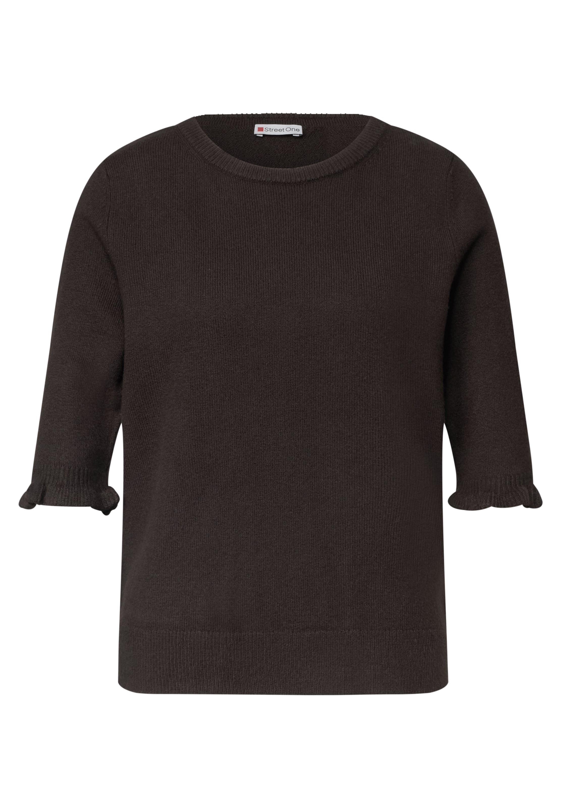 STREET ONE Kurzarm Pullover mit Rundhals und Rüschen in Braun: Vorderseite