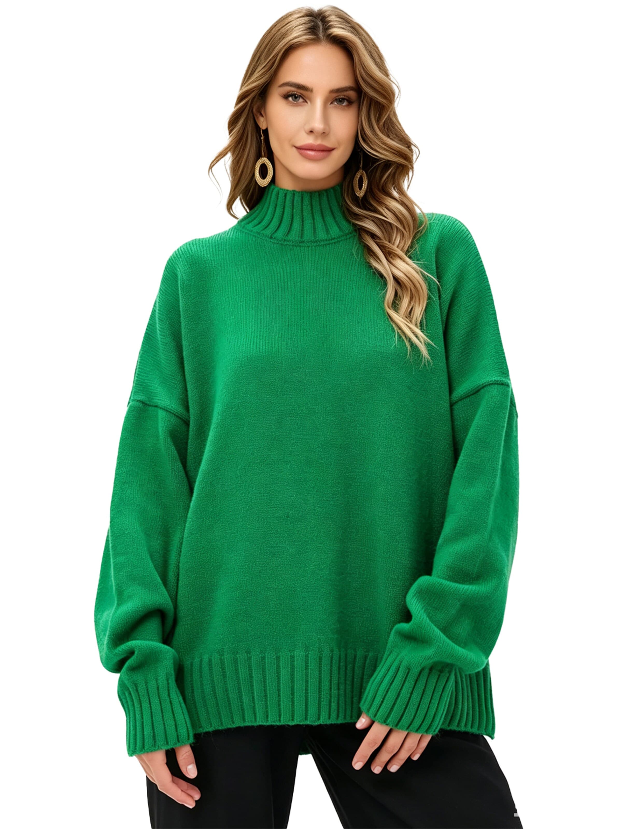 KoJooin Sweter 'Damen Halbhoher Rollkragenpullover – Lockerer, Gestrickter Pullover mit Rippstruktur für Freizeit' w kolorze zielony: przód