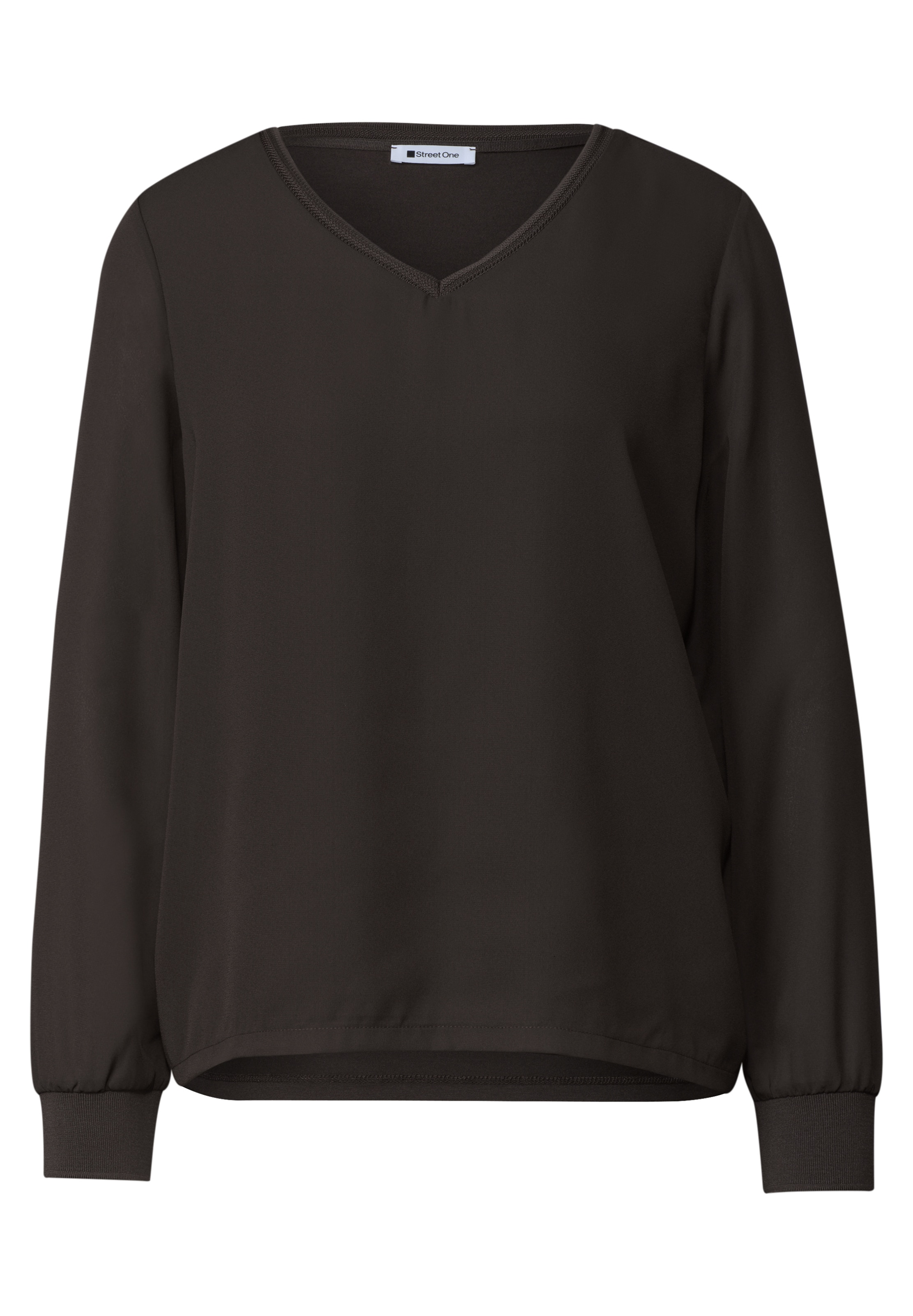 STREET ONE Langarm Shirt mit V-Neck und Strukturmix in Braun: Vorderseite