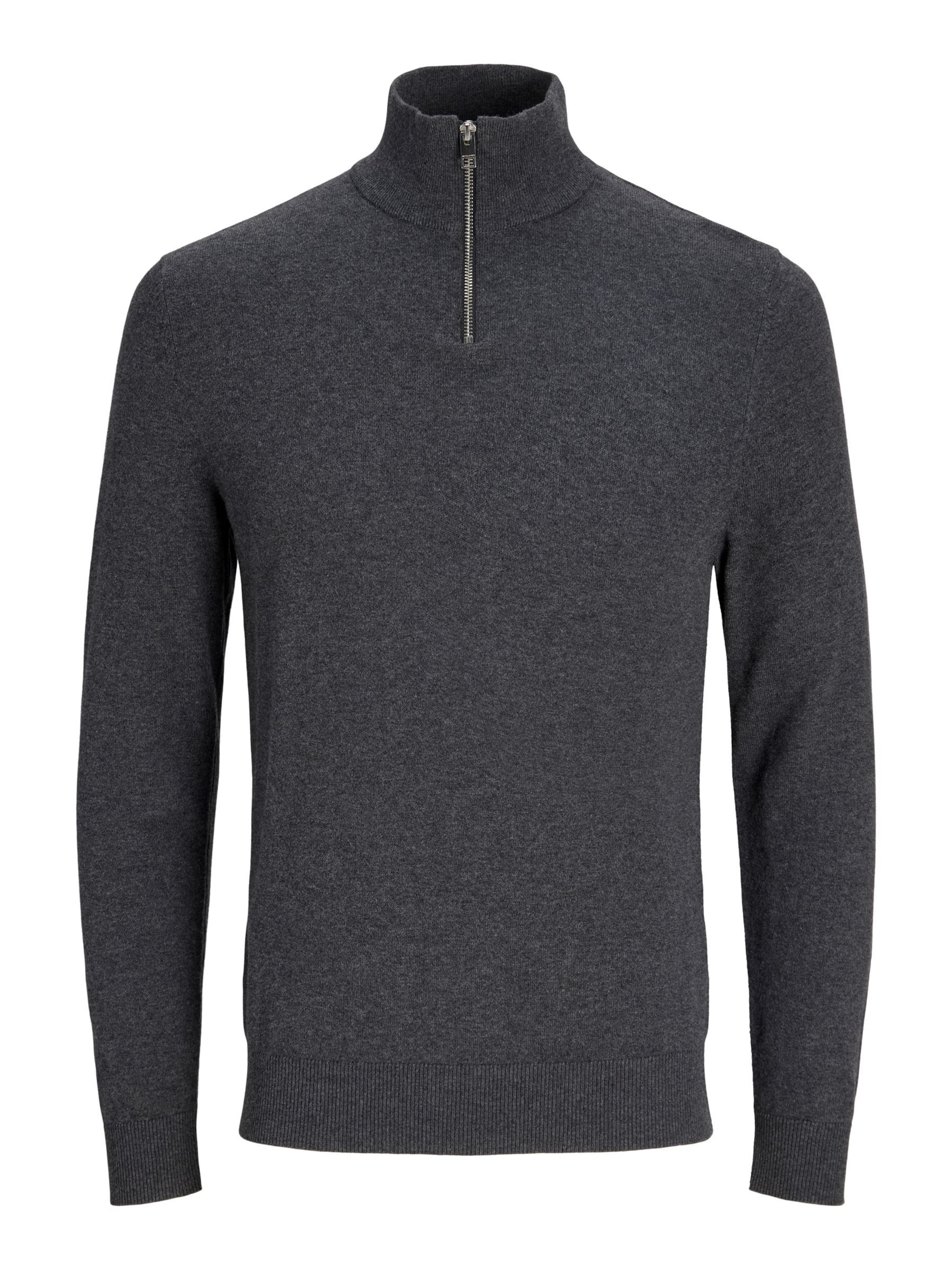 JACK & JONES Trui 'JJEEMIL KNIT HALF ZIP' in Grijs: voorkant