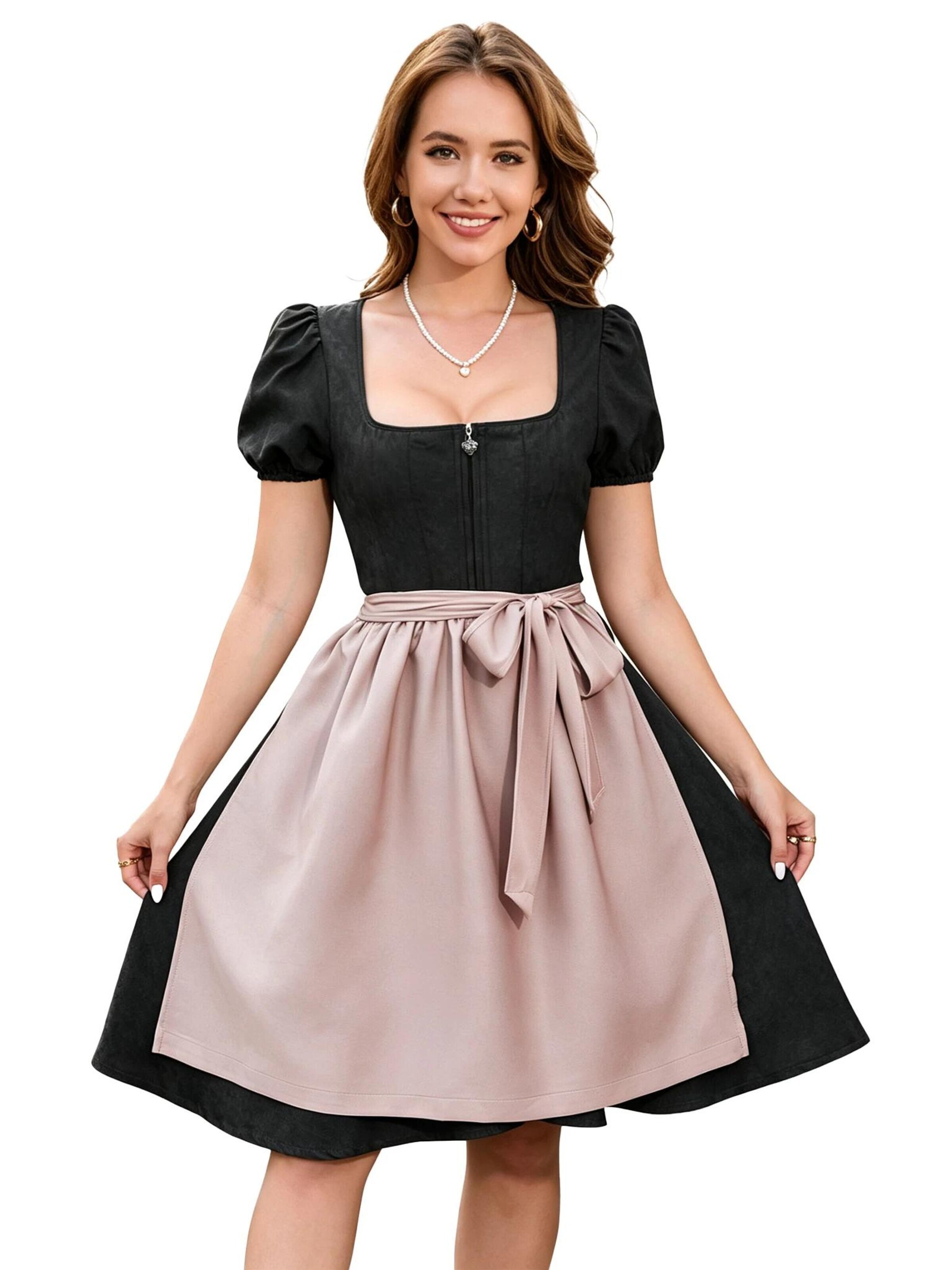 KoJooin Dirndl 'Damen Zweiteiliges Oktoberfest-Set Kunstleder-Optik Kleid mit verstellbarer Schürze Dirndl-Kleid' w kolorze czarny: przód