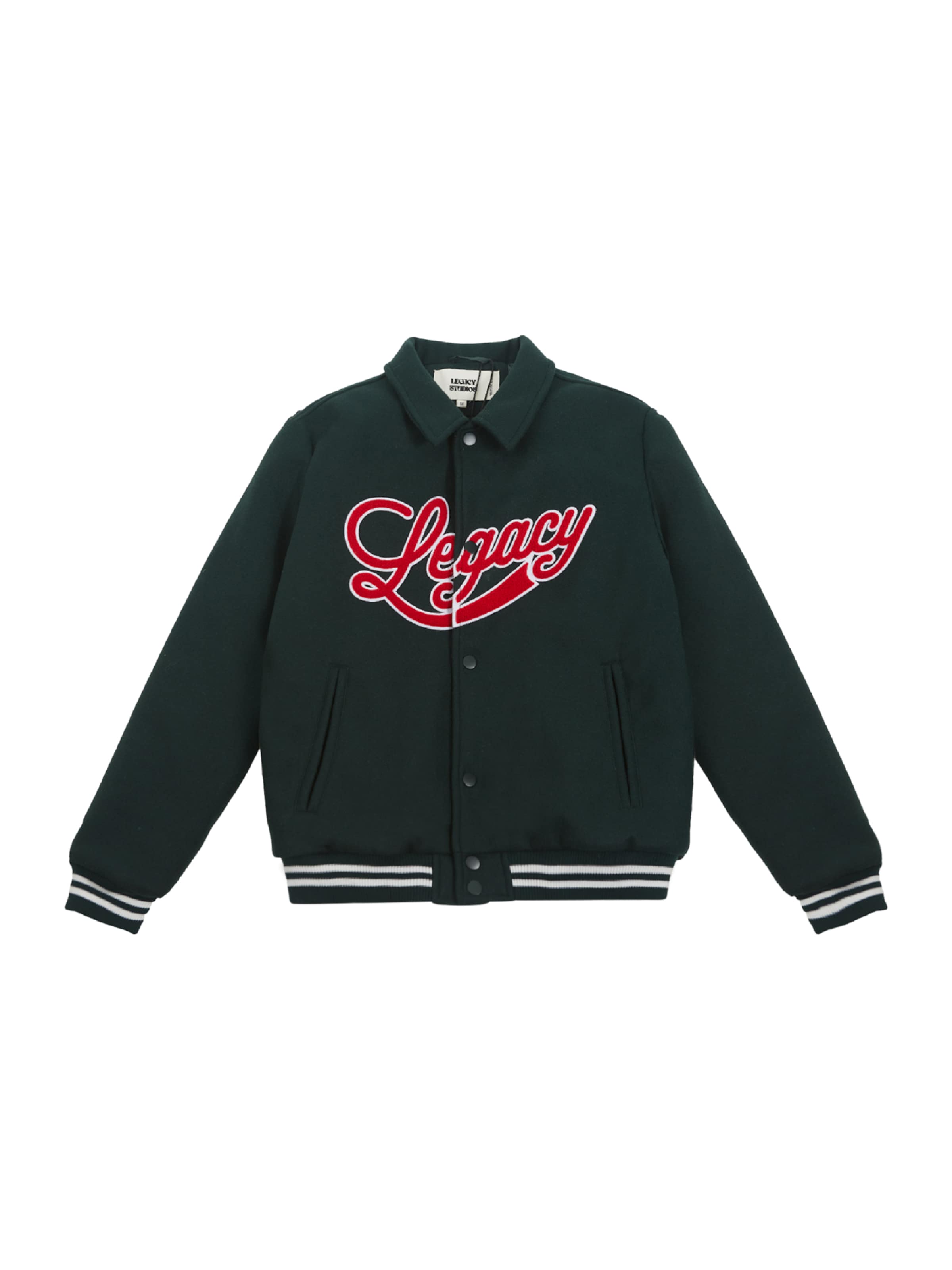 Legacy Studios Tussenjas 'Varsity' in L in de kleur Donkergroen / Rood / Wit, Productweergave