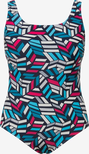 Ulla Popken Badeanzug in M-L in marine / azur / dunkelpink / weiß, Produktansicht