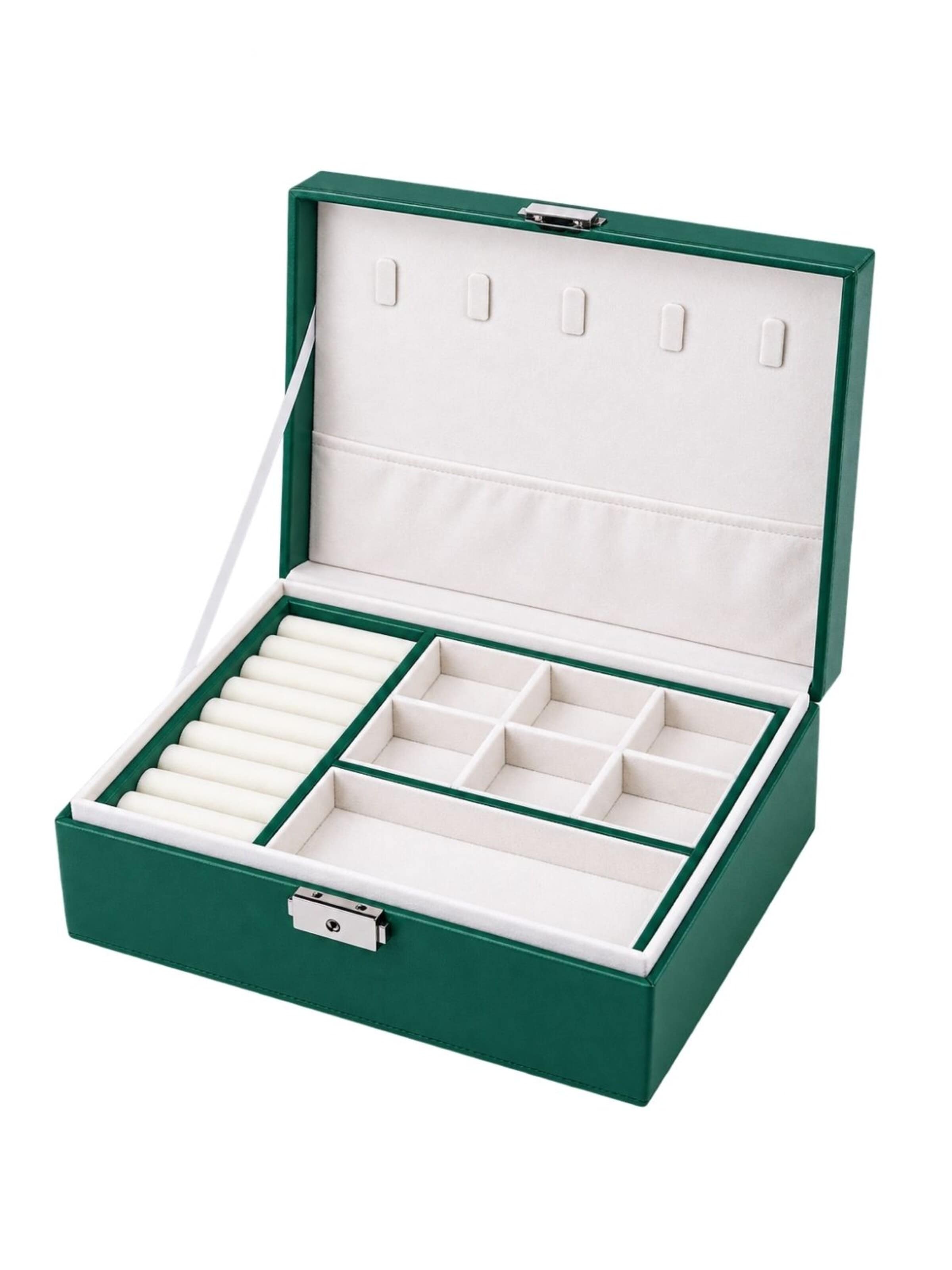MEVYRA Jewelry Storage 'Schmuckkasten 2-Etagen mit Samtfutter - Schmuckaufbewahrung für Ringe, Ketten, Ohrringe' in Green: front