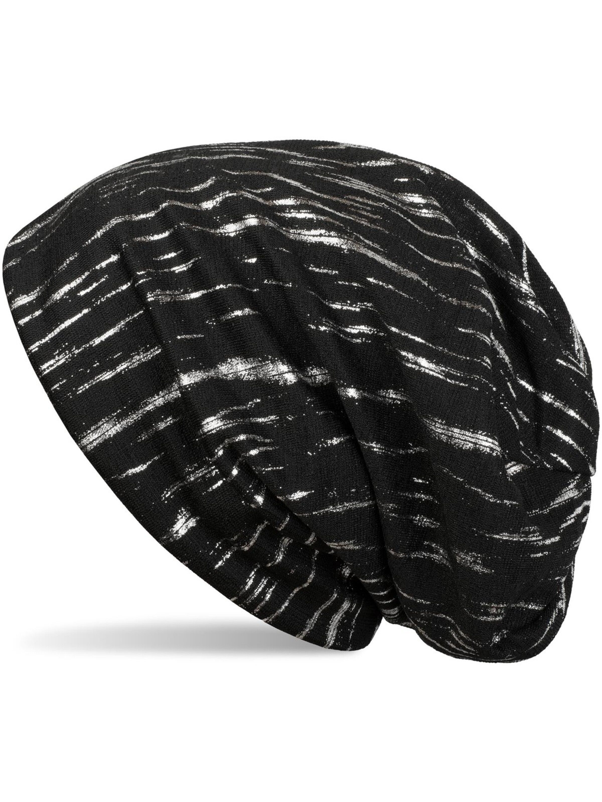 styleBREAKER Mütze 'Beanie mit Metallic Streifen Print'‌ in Schwarz: Vorderseite