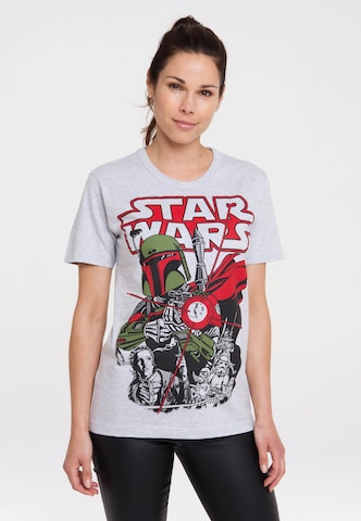 LOGOSHIRT Shirt 'Star Wars - Boba Fett' in Grey: front