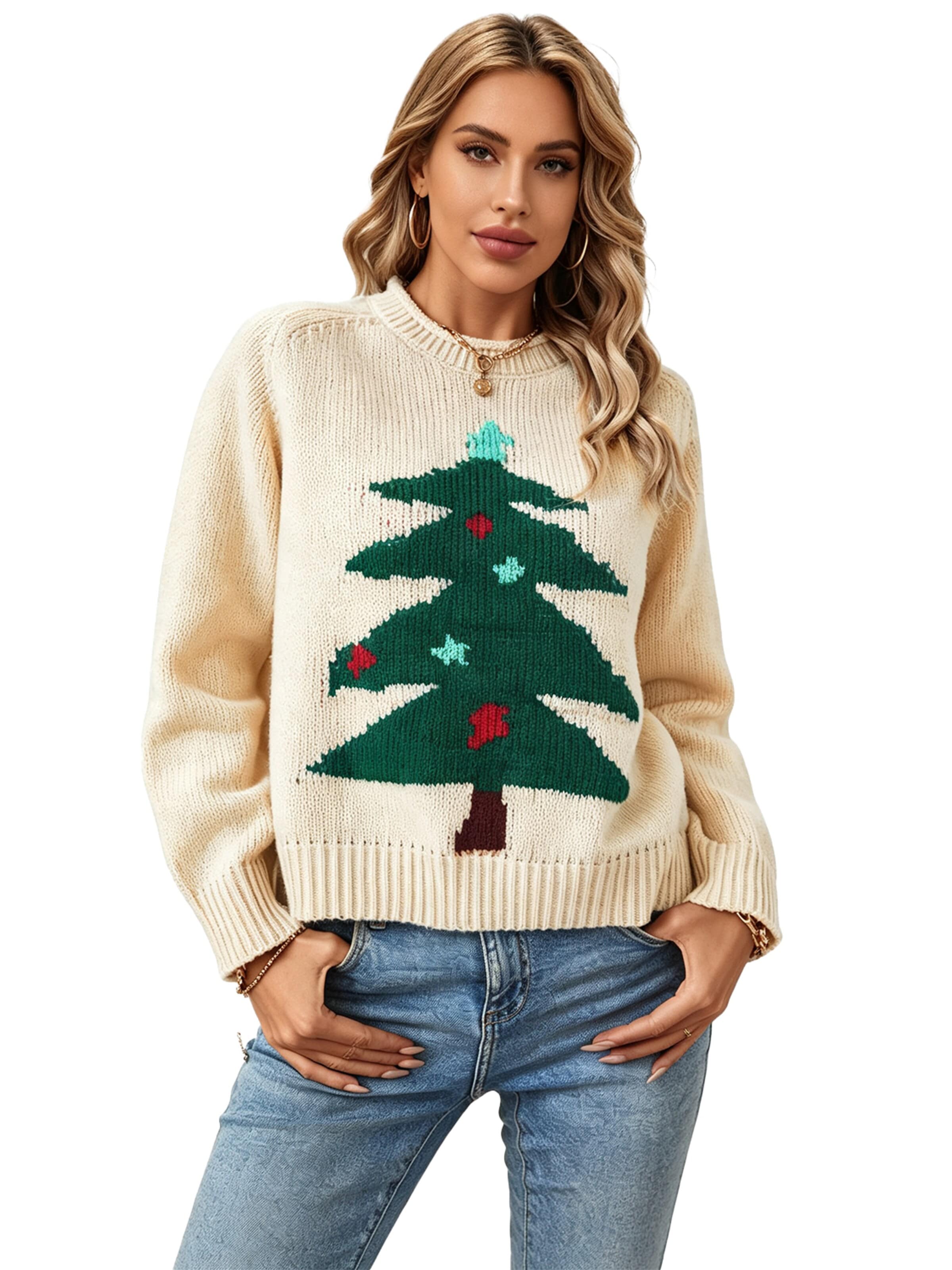KoJooin Piżama 'Damen Ugly Christmas Pullover mit Weihnachtsbaum-Motiv Longsleeve Strickpullover für Festliche' w kolorze pomarańczowy: przód