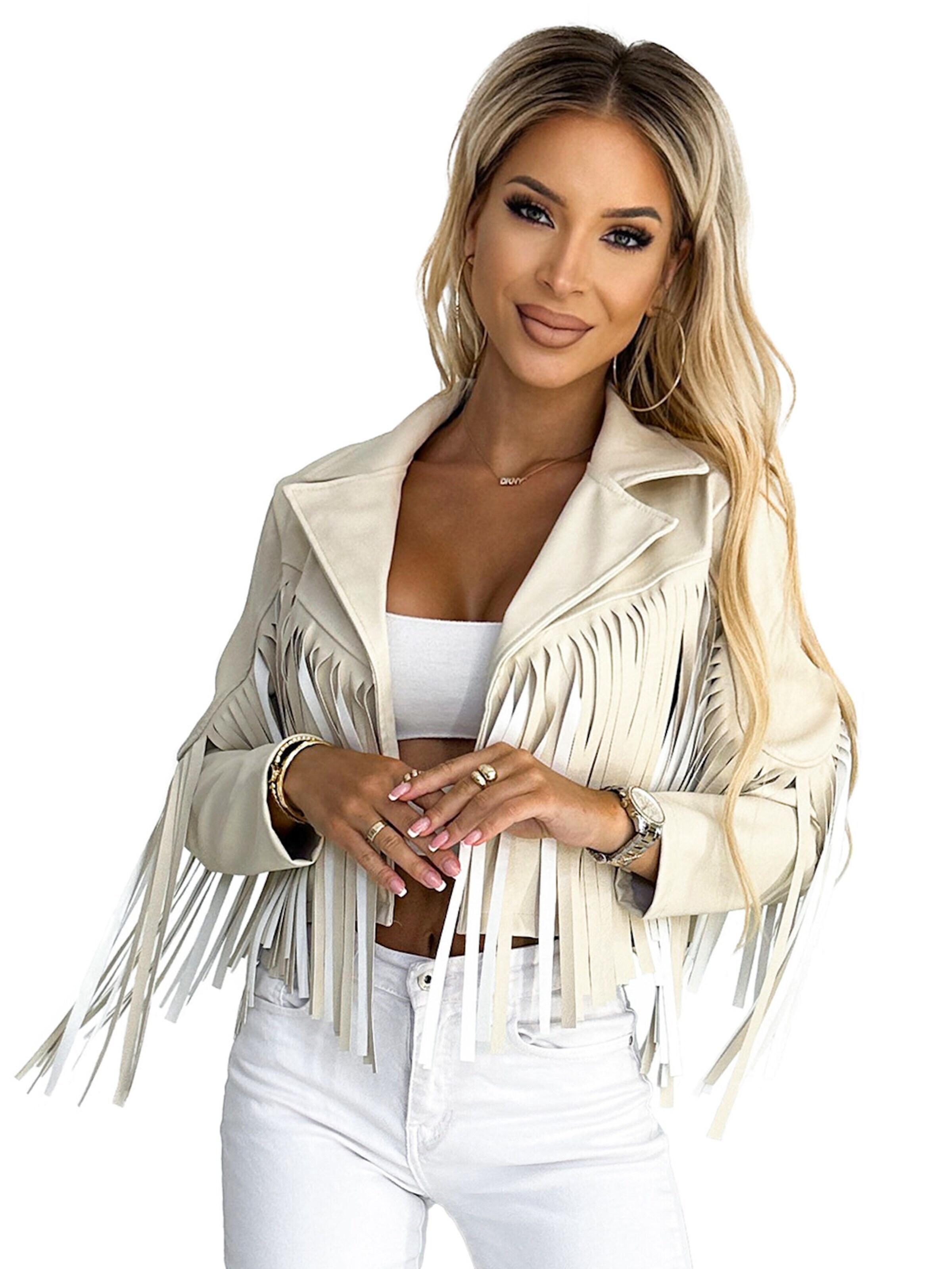 Numoco Übergangsjacke 'Bikerjacke mit Fransen'‌‌‌‌‌‌‌ in Beige: Vorderseite