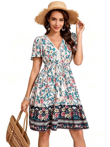 KoJooin Sukienka 'Damen Sommerkleid mit Kurzarm, platziertem Blumenprint und lässigem Boho-Look' w kolorze biały
