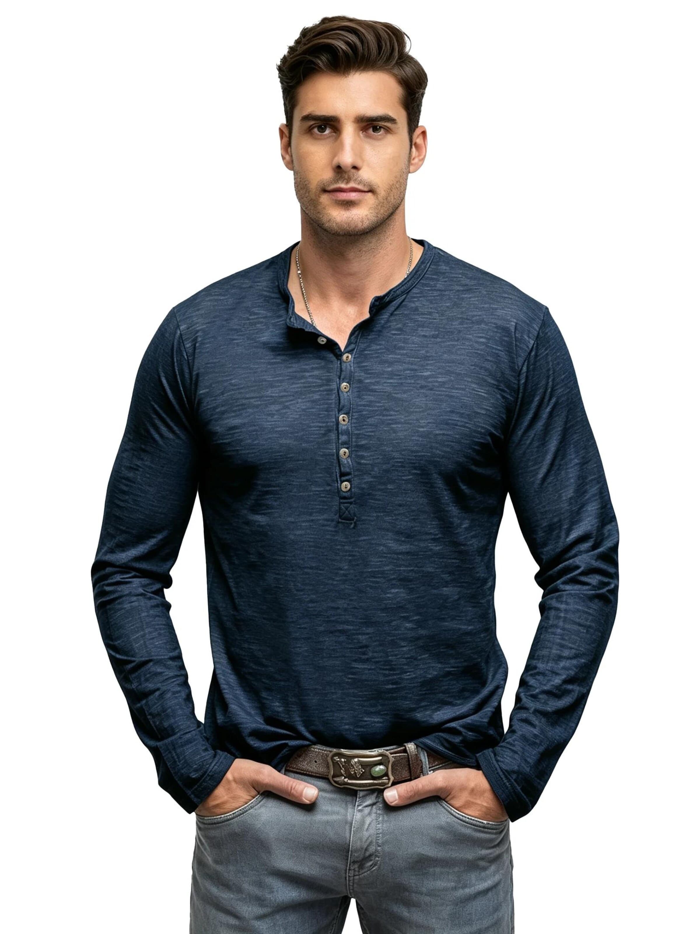 KoJooin Shirt 'Herren Henley-Shirts, Langarm-T-Shirts, lässige, leichte Mode, Pullover-Shirt mit Knöpfen' in Blue: front