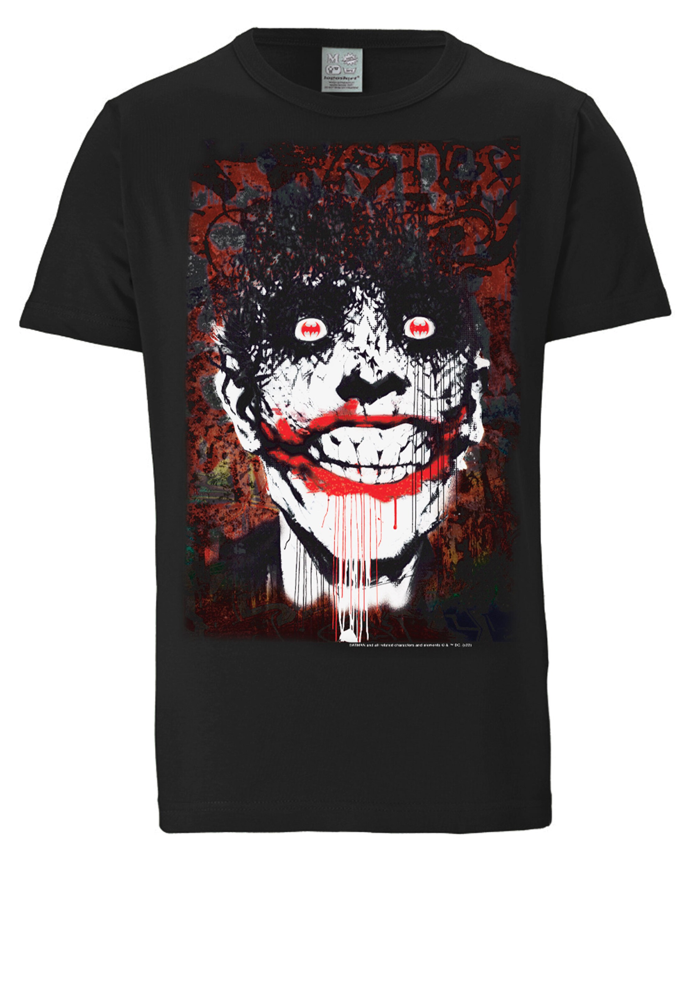 LOGOSHIRT Shirt 'Batman - Joker Bats Graffiti' in Zwart: voorkant