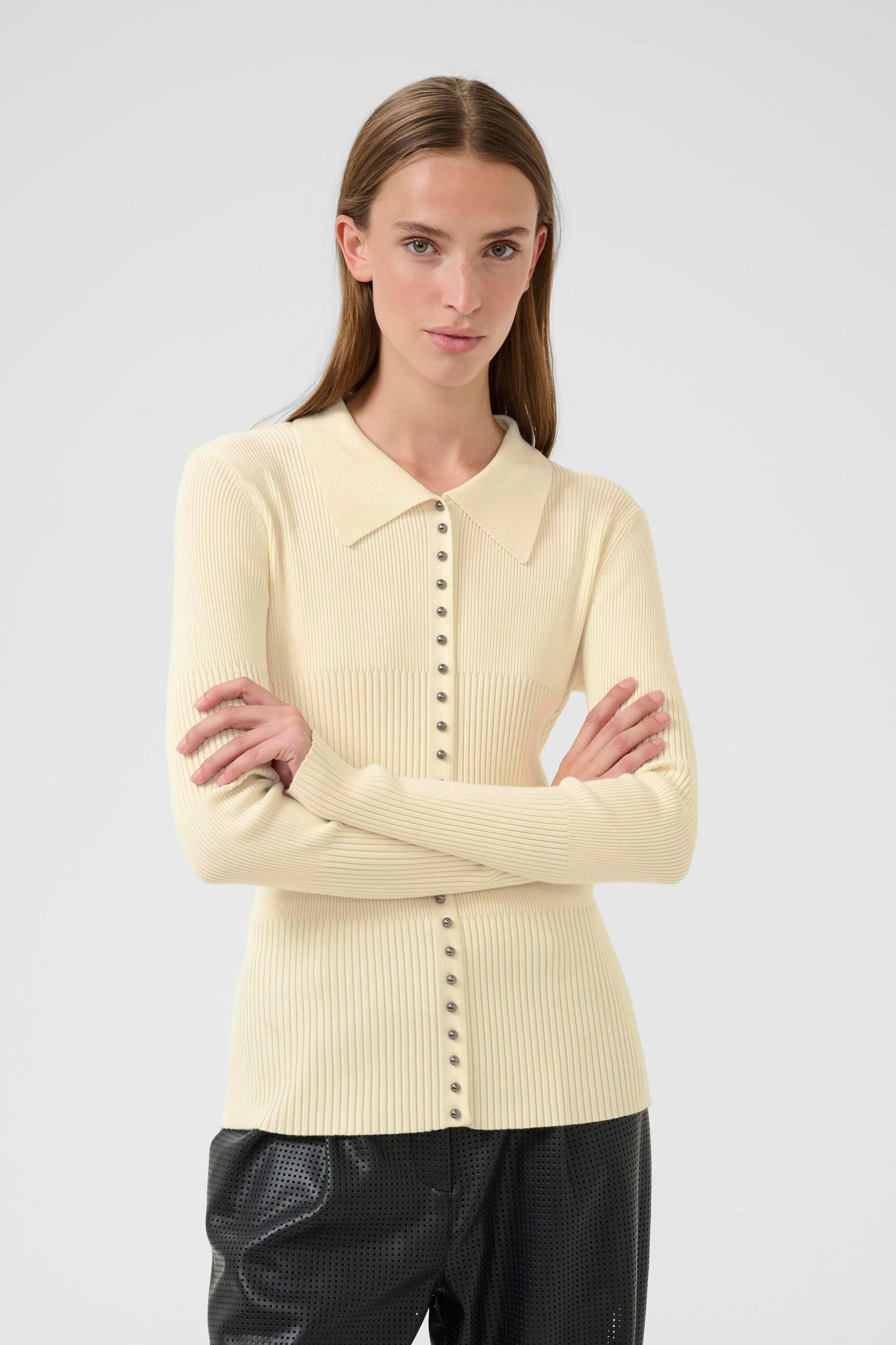 Goranbon Dames Kabel Gebreid Vest Lange Mouw Open Voorkant Button Down