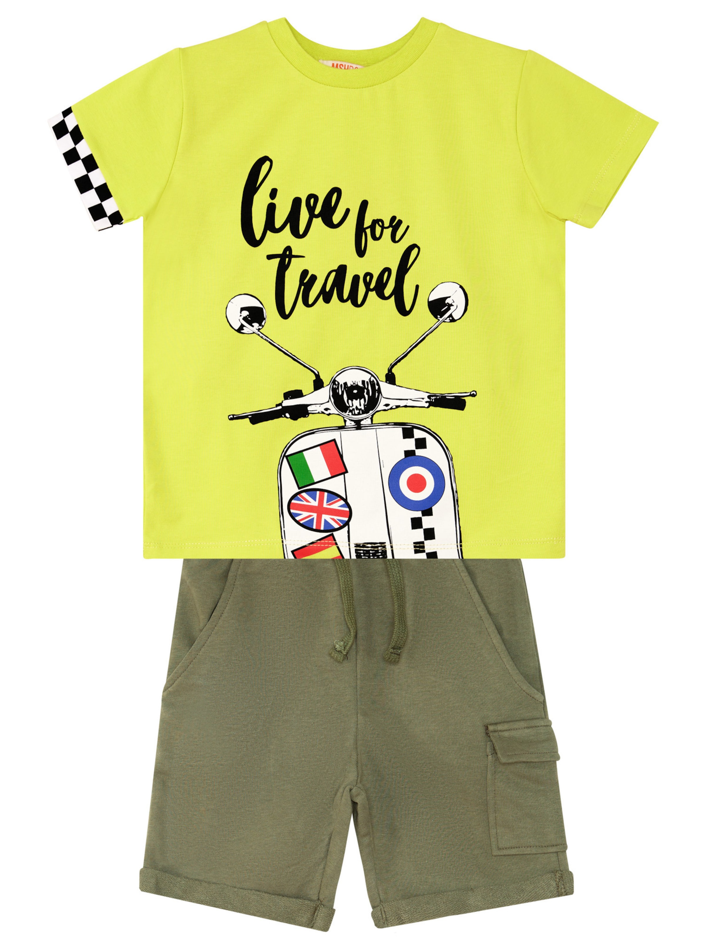 Set 'Moto Tour' di Denokids in verde: frontale
