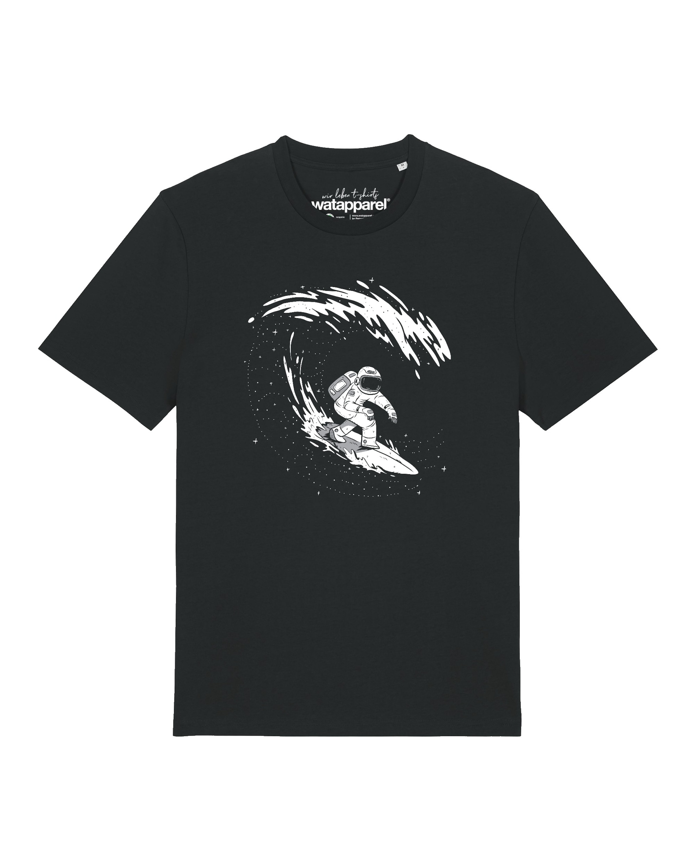 Watapparel Shirt 'Surfing Spaceman' in Zwart: voorkant