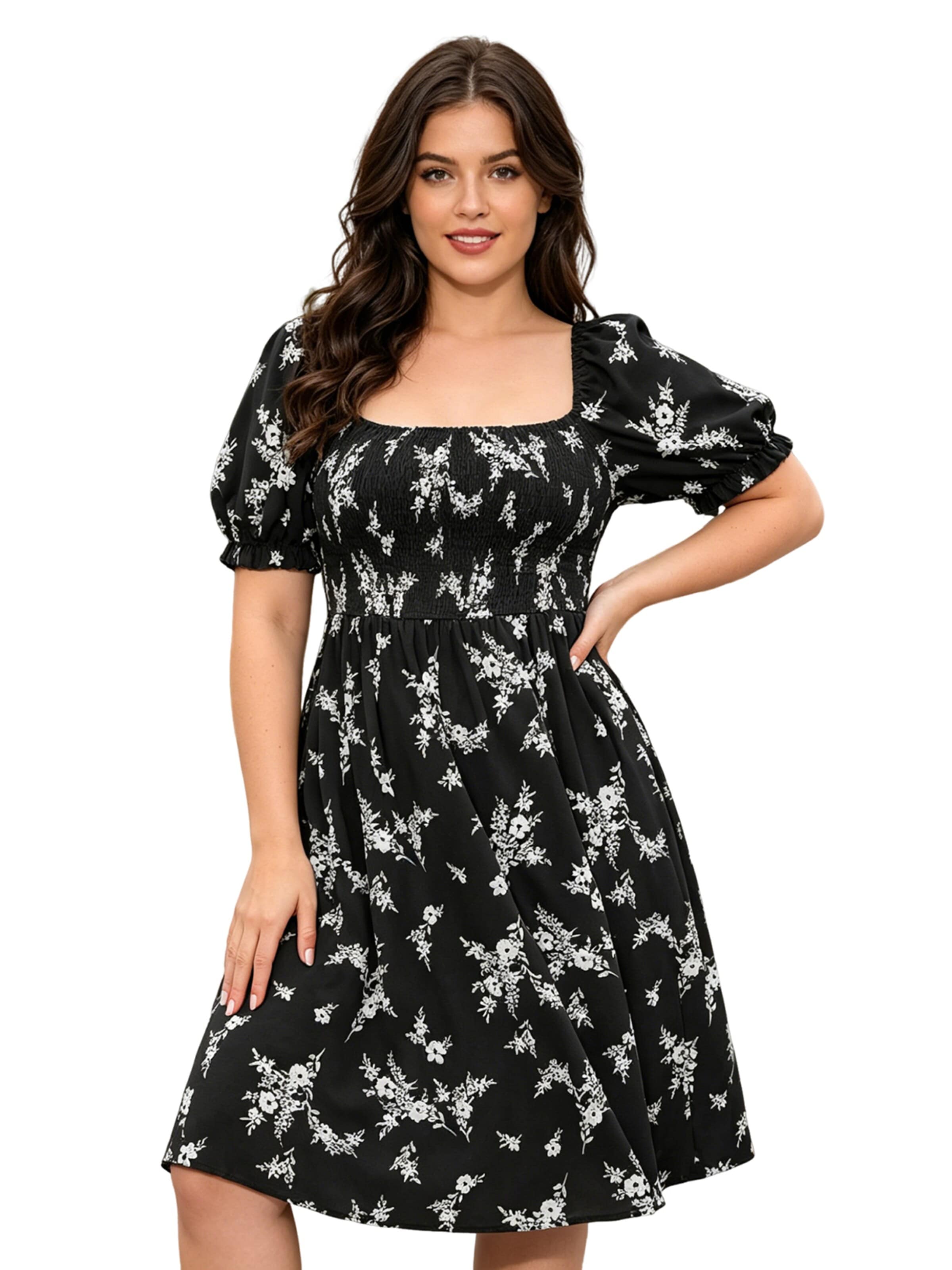 KoJooin Sukienka 'Große Größen Sommer Kleid Blumenprint Midi Puffärmel Freizeit Standkleid' w kolorze czarny: przód
