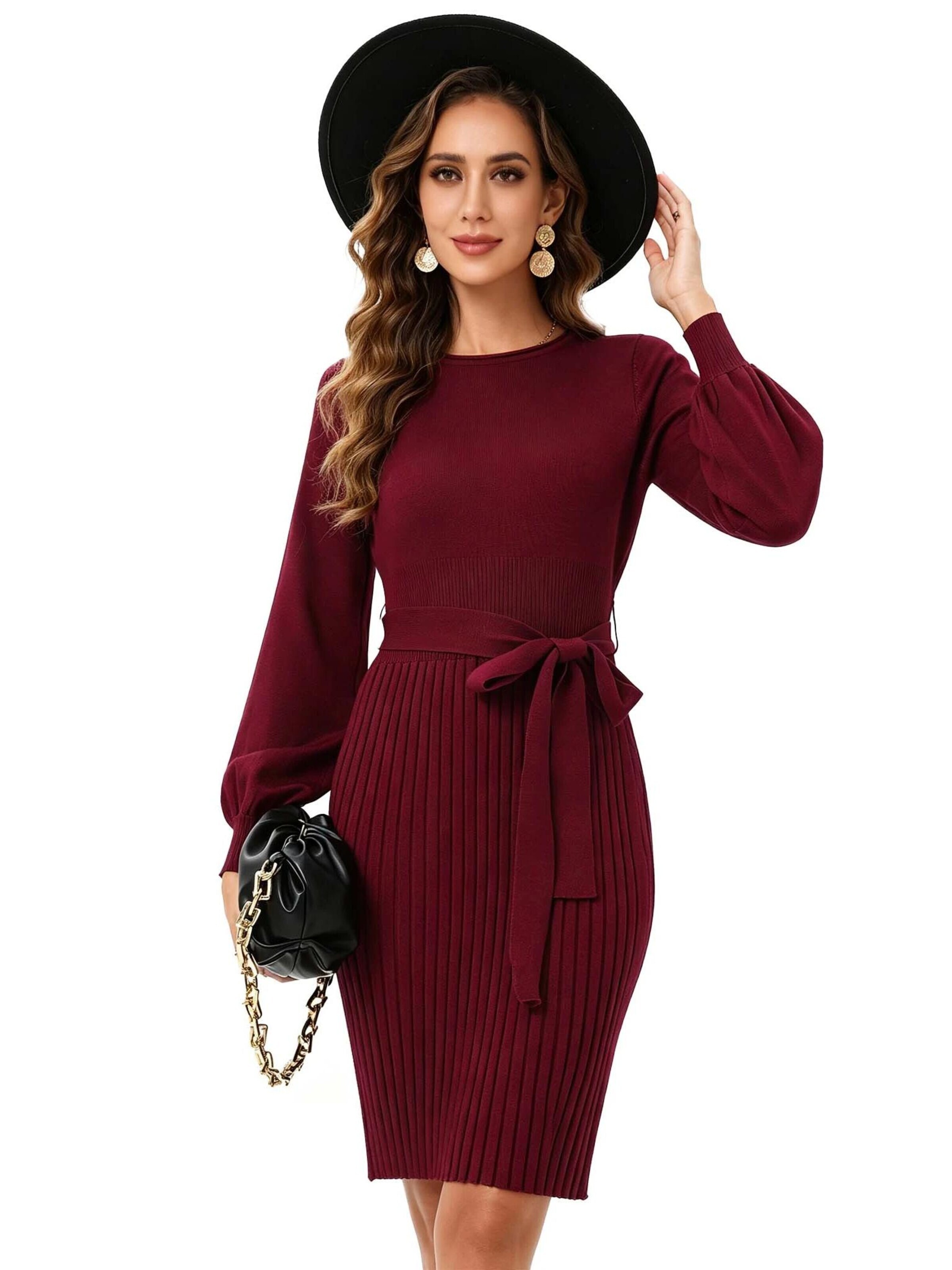 KoJooin Sukienka 'Damen-Strickkleid mit Rundhalsausschnitt, Bindegürtel, Plisseefalten und langen Ärmeln' w kolorze czerwony