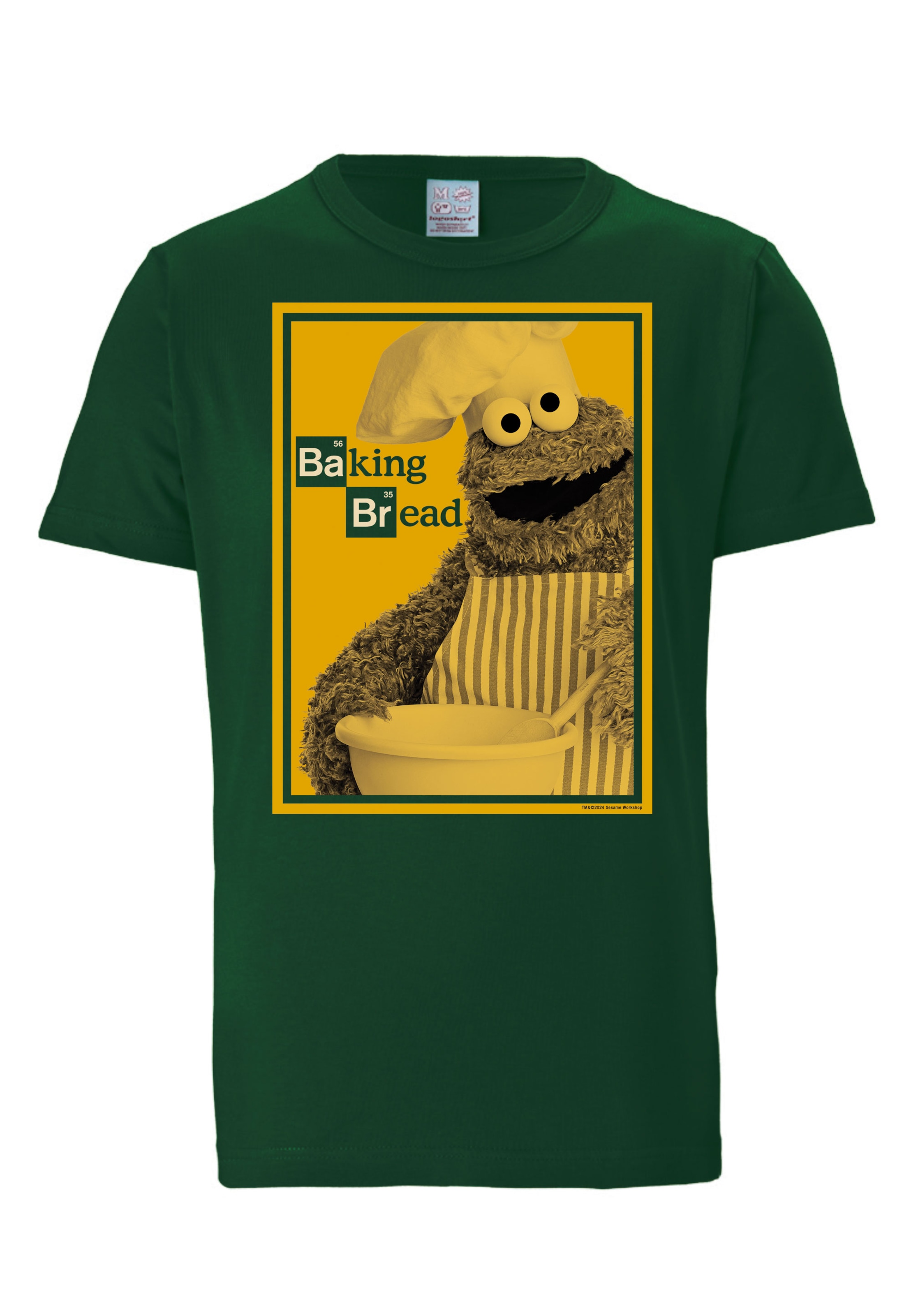 LOGOSHIRT Shirt 'Sesamstraße - Krümelmonster | Baking Bread' in Groen: voorkant
