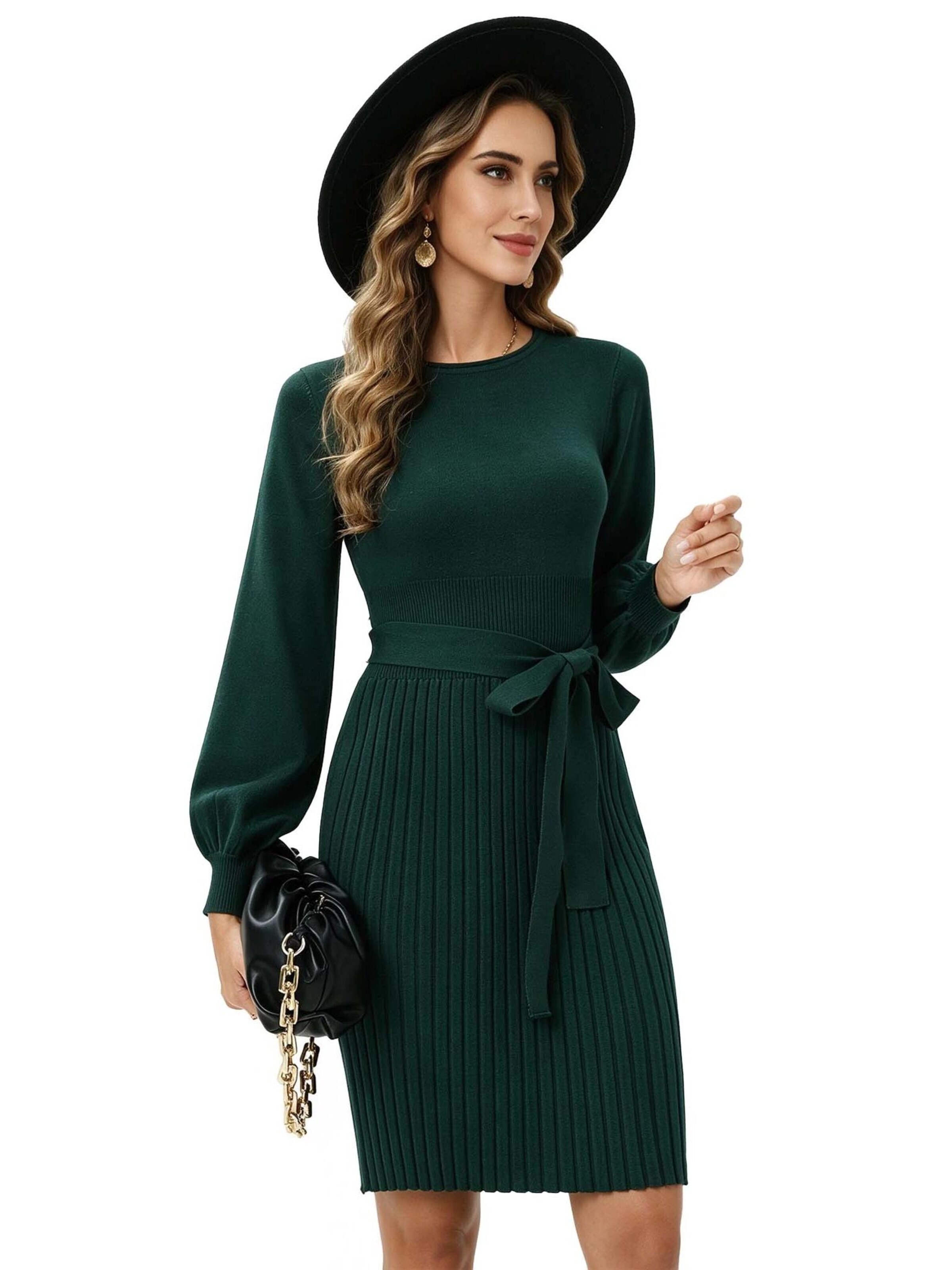 KoJooin Sukienka 'Damen-Strickkleid mit Rundhalsausschnitt, Bindegürtel, Plisseefalten und langen Ärmeln' w kolorze zielony