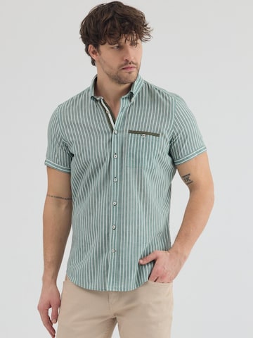 7Camicie Slim fit Zakelijk overhemd 'Iconic Linen Man Shirt Short Sleeve Green White' in Groen