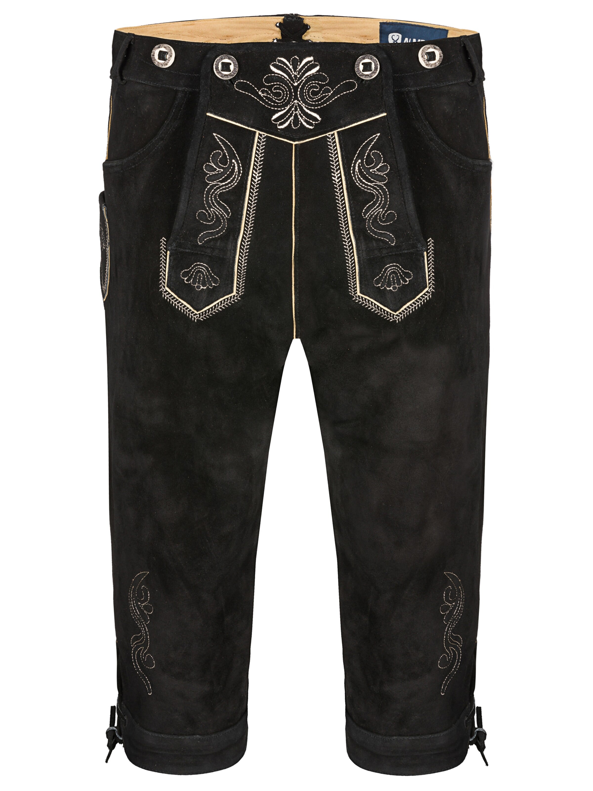 Almbock Skinny Trachtenhose 'Trachtenlederhose Herren Kniebund schwarz'‌‌‌‌‌‌ in Schwarz