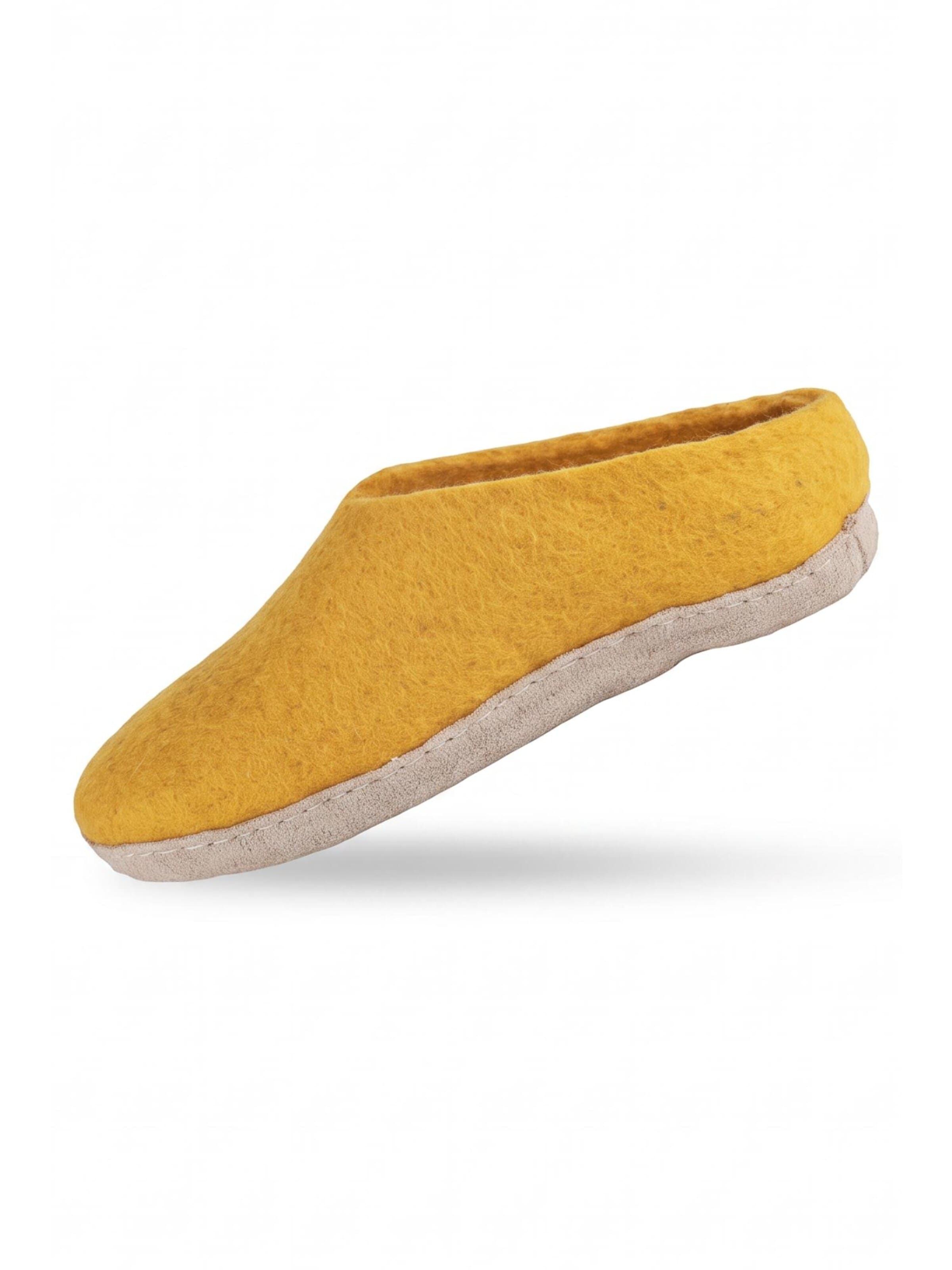 SHUS walk with nature Slip-in 'Uldtøffel (100% ren uld) - hjemmesko m/sål i skind - Dansk Design fra SHUS' i gul: framsida