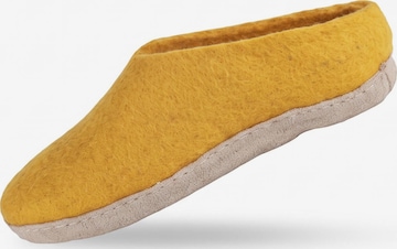 SHUS walk with nature Slip-in 'Uldtøffel (100% ren uld) - hjemmesko m/sål i skind - Dansk Design fra SHUS' i gul: framsida